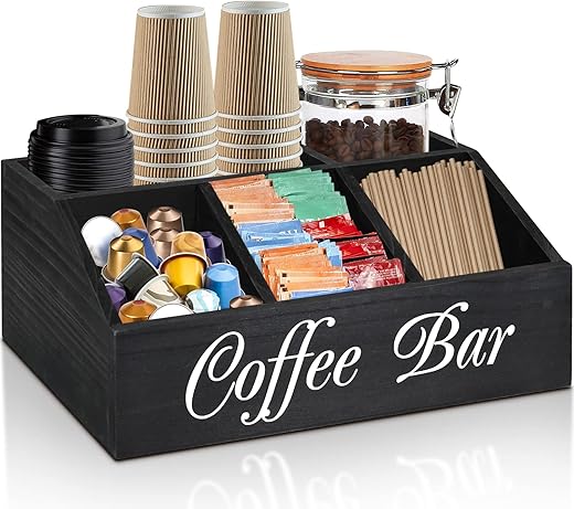ugiftt Coffee Station Organizer for Counter, Wood Coffee Pods Holder Storage Basket, Coffee and Tea Condiment Storage Organizer, Rustic Coffee Bar Decor for Coffee Accessories…