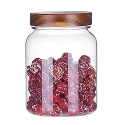 YUEJUM 42 Fluid Ounces Unbreakable & Dishwasher Safe Plastic Apothecary Jar with Wooden Airtight Screw Top Lid, Food Storage Canister for Sugar, Tea, Spices, Coffee, Cookie, Candy Containers