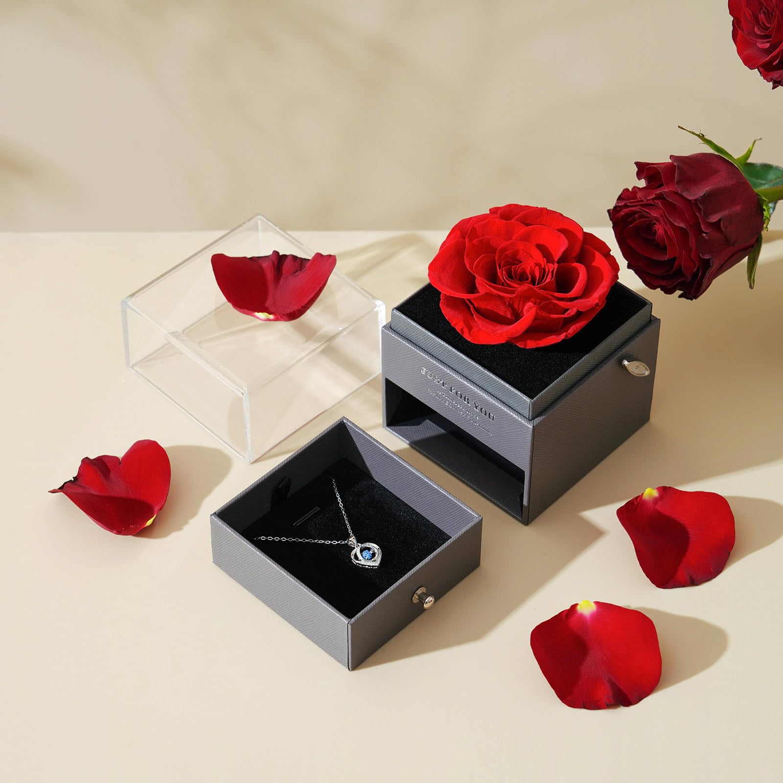 ADDWel Regalos Originales para Mujer Día de la Madre y el Sant Jordi, Rosa Eterna Natural Preservada con Collar en Caja de Música, Regalo Romántico para Novia, Esposa o Mamá Cumpleaños o Aniversario