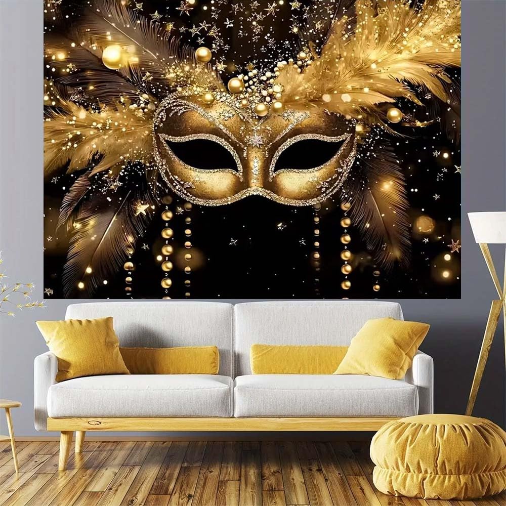 Sfondo per feste in maschera, maschera dorata, piume glitterate, sfondo fotografico, per martedì grasso, feste in maschera, carnevale, feste di buon compleanno (A, 2,7 x 1,8 m)