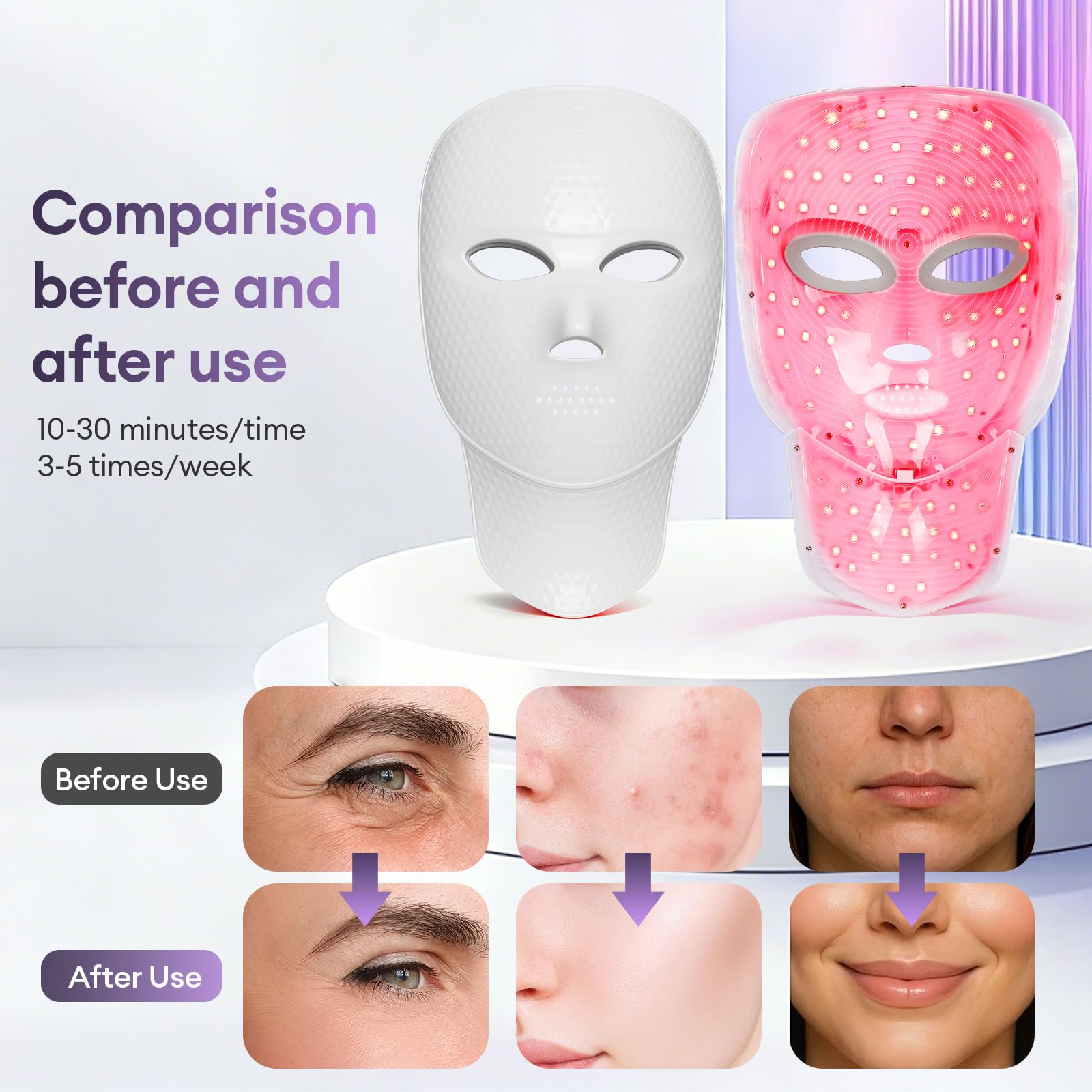 Rotlichttherapie für Gesicht und Hals, LED-Gesichtsmaske, Lichttherapie, 7 Farben, Lichtmaske, kabellos und wiederaufladbar, für Zuhause und auf Reisen