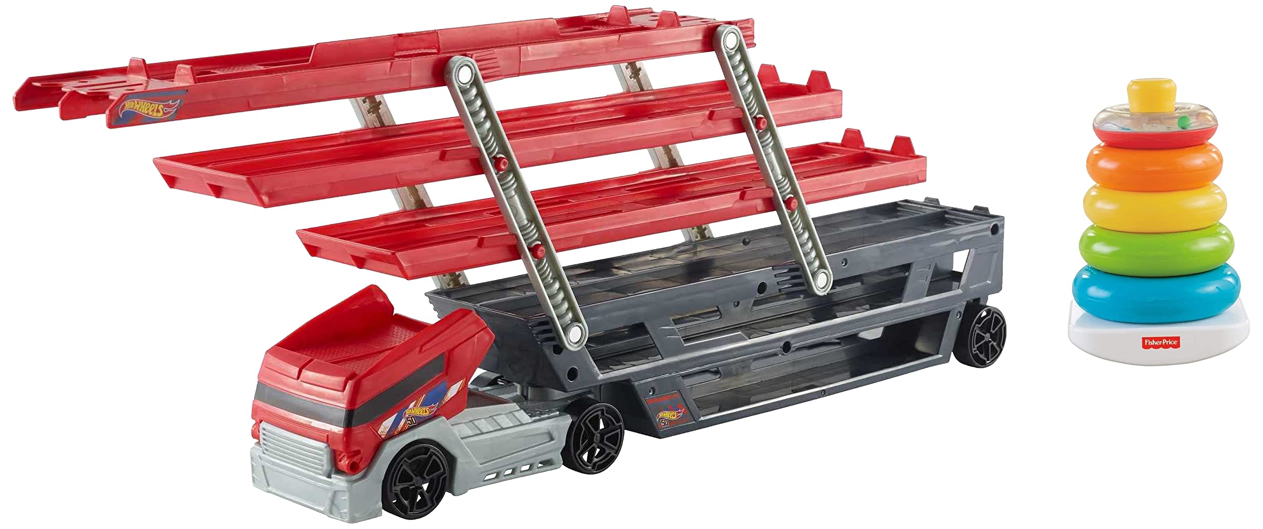 Hot Wheels Plastic Mega Hauler Truck, Stores More Than 50 Cars, Multicolor & Fisher-Price Plastic Original Rock-a-Stack,Multicolor, Classic Stacking Toy with 5 Colorful Rings to Grasp, Shake