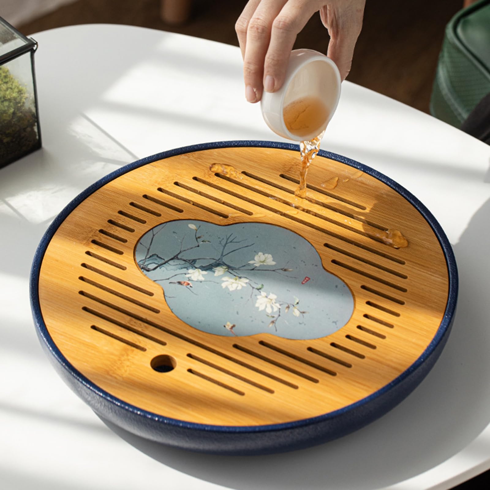 Bandeja De Cerámica for Servir Té, Mesa China De Doble Capa, Mini Plato Redondo Kongfu con Función De Almacenamiento De Agua, for El Hogar