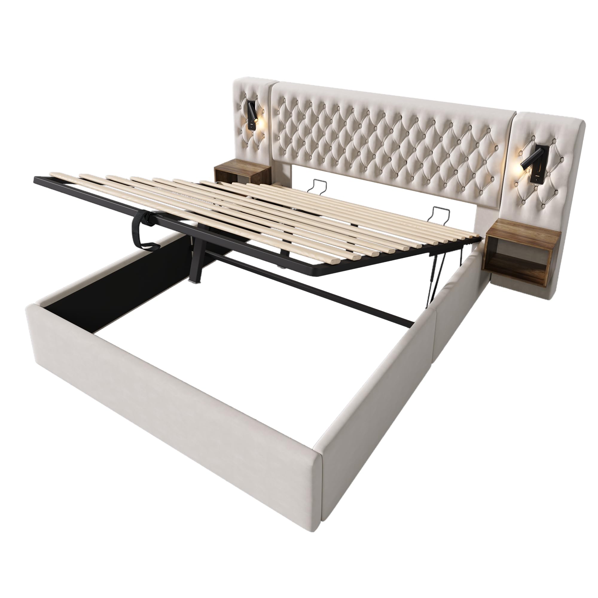 Juego completo de cama para dormitorio, cama tapizada hidráulica, cama doble de 180 x 200 cm, con 2 mesitas de noche, cabecero de luz de lectura con función de carga USB, 261 x 210 x 105 cm,