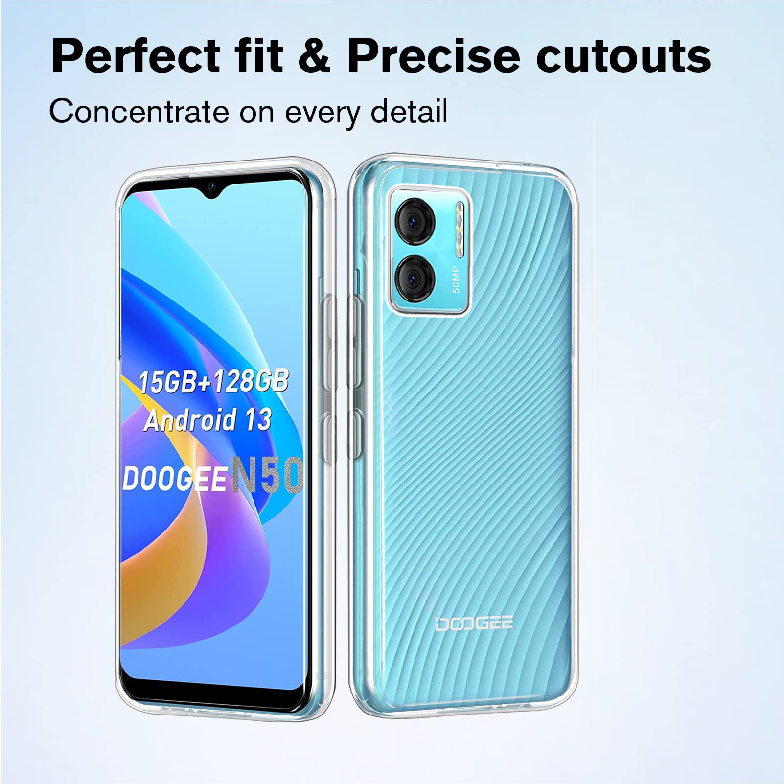 HuiYouMY [4 in 1] per DOOGEE N50 Cover + 2Pcs Vetro Temperato - Custodia in Silicone TPU - Trasparente Case Protezione Cellulare Bumper 9H Pellicola Protettiva+ Finger Ring Phone Holder