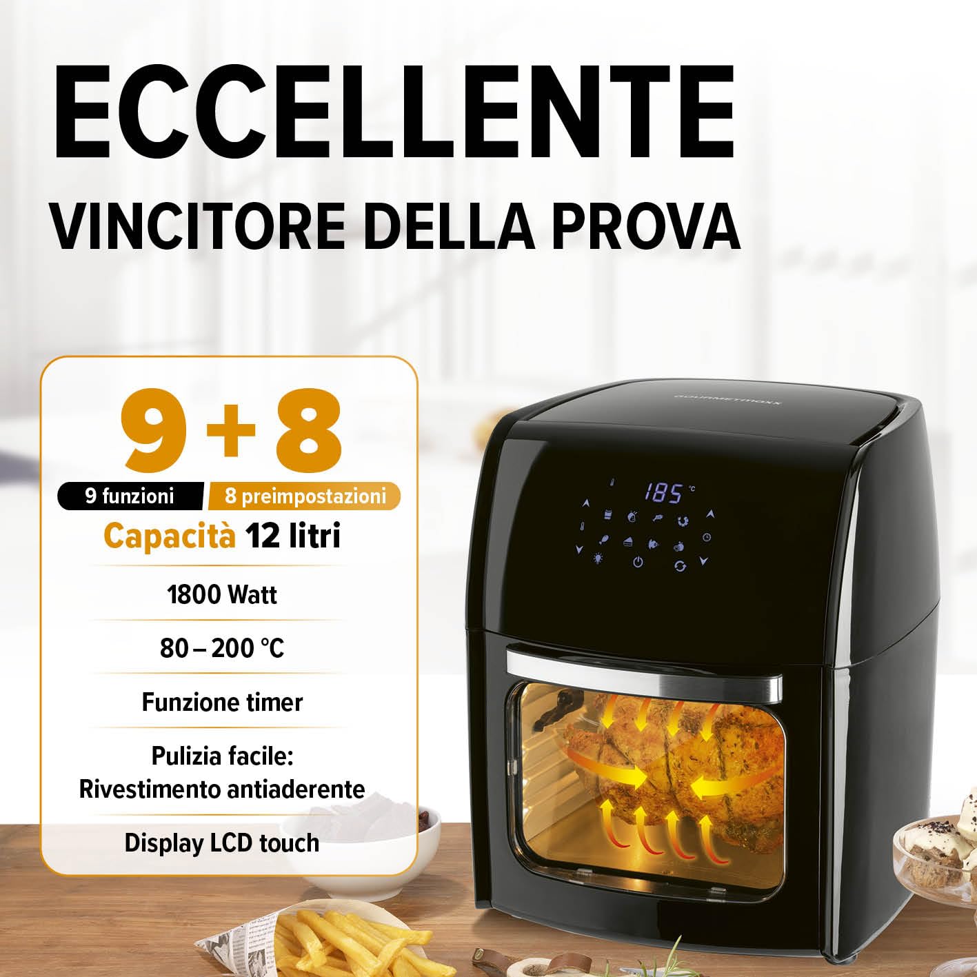 GOURMETmaxx Friggitrice digitale XXL ad aria calda 12 litri | Frittura senza grassi, friggitrice, forno e grill rotante in un unico apparecchio | Con 9 programmi e funzione timer