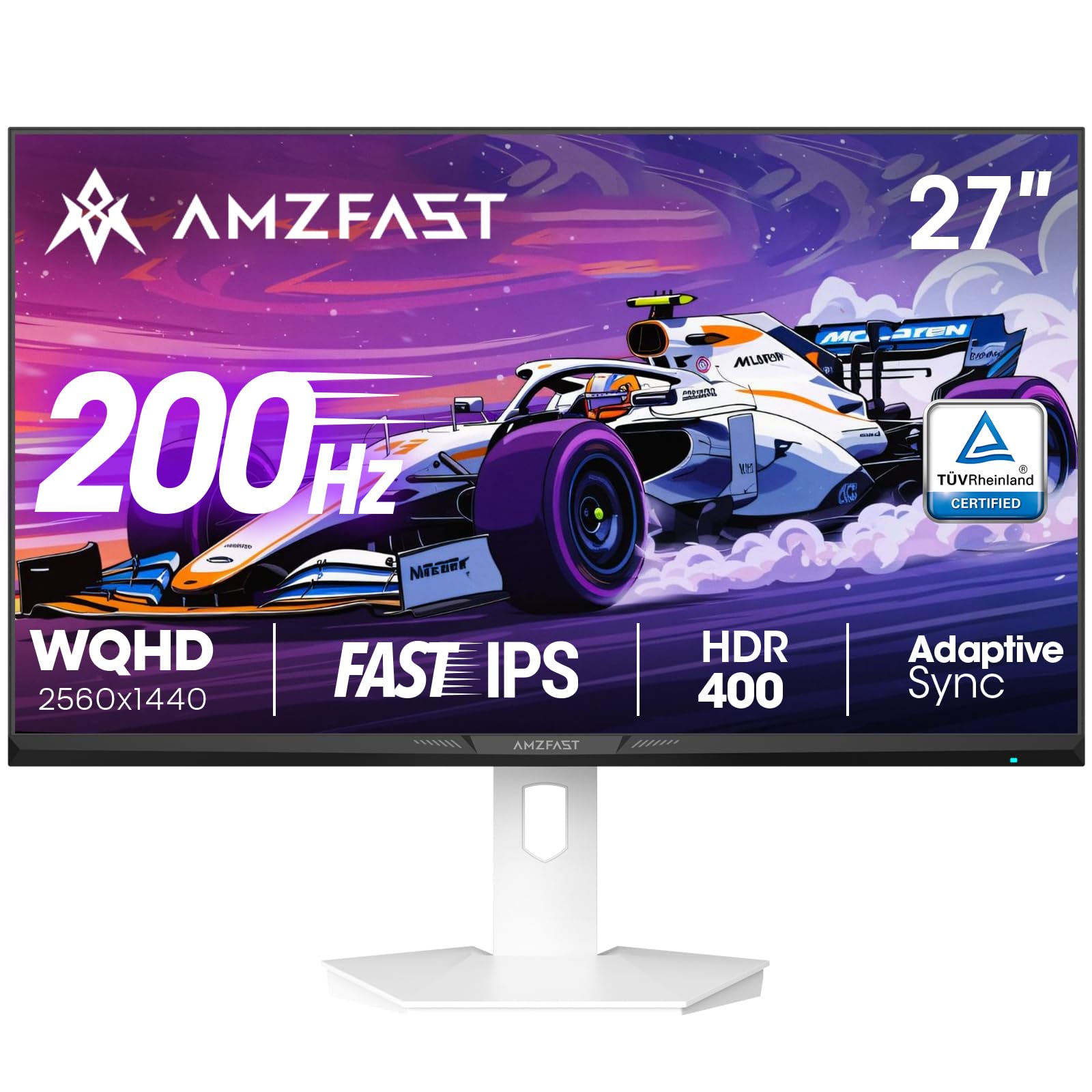 Amzfast Gaming Monitor 27 Zoll, 200Hz, 2560x1440 QHD, 1ms MPRT, Fast IPS, HDR400, 400 cd/m², 95% DCI-P3, 130% sRGB, ΔE < 2, Adaptive Sync, TÜV Low Blue Light, DP1.4 & HDMI2.0, VESA100x100, AMZG27F6Q