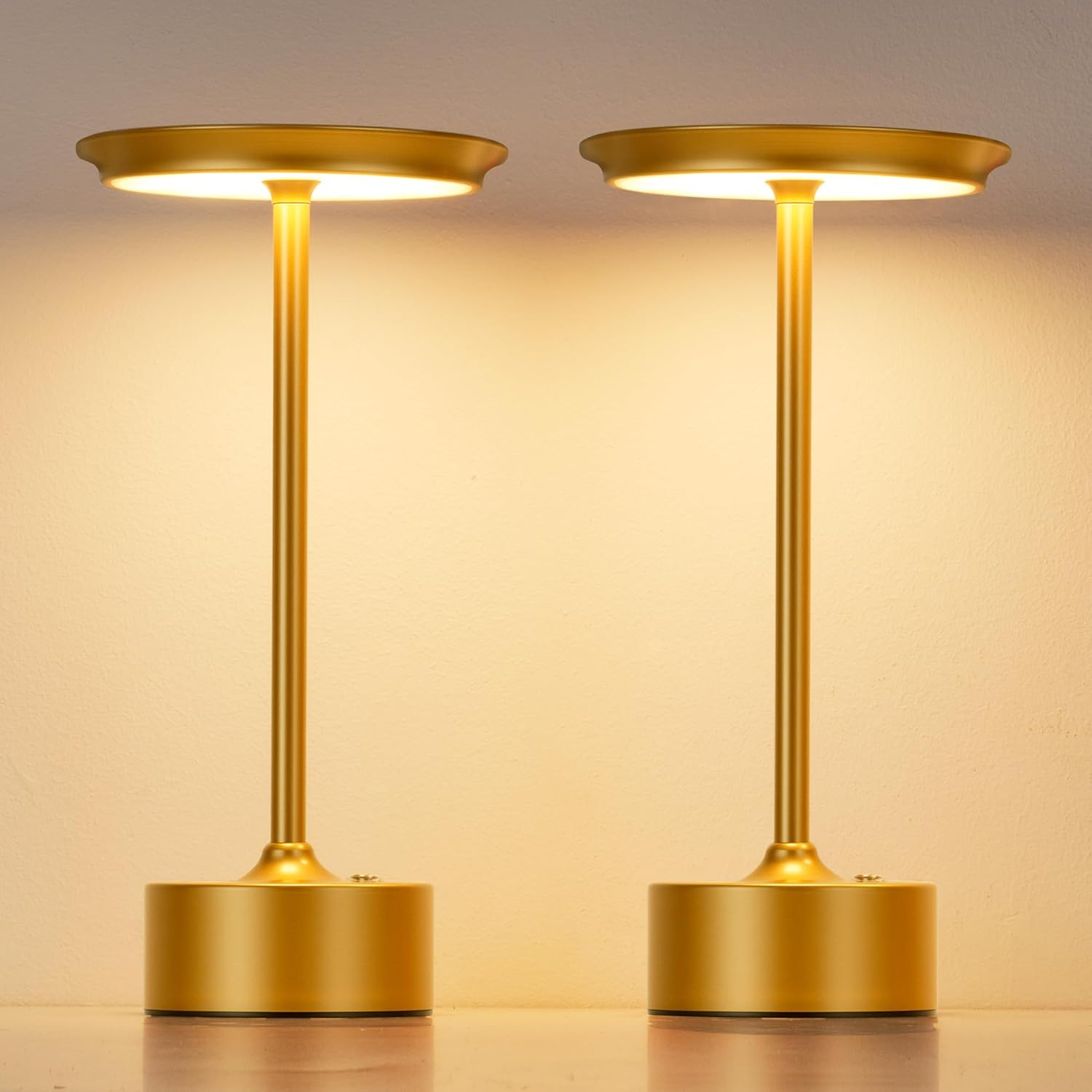 PUSU Rechargeable Table Lamps Set of 2, Gold Cordless LED 4000mAh Battery Desk Lamp, Stepless Dimming & 3 Color 2700K-6000K, Portable Lamp for Bedroom, Living Room, Restaurant, Outdoor, Night Light