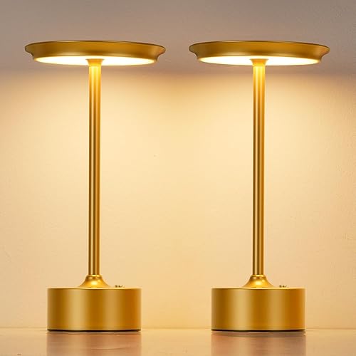 PUSU Rechargeable Table Lamps Set of 2, Gold Cordless LED