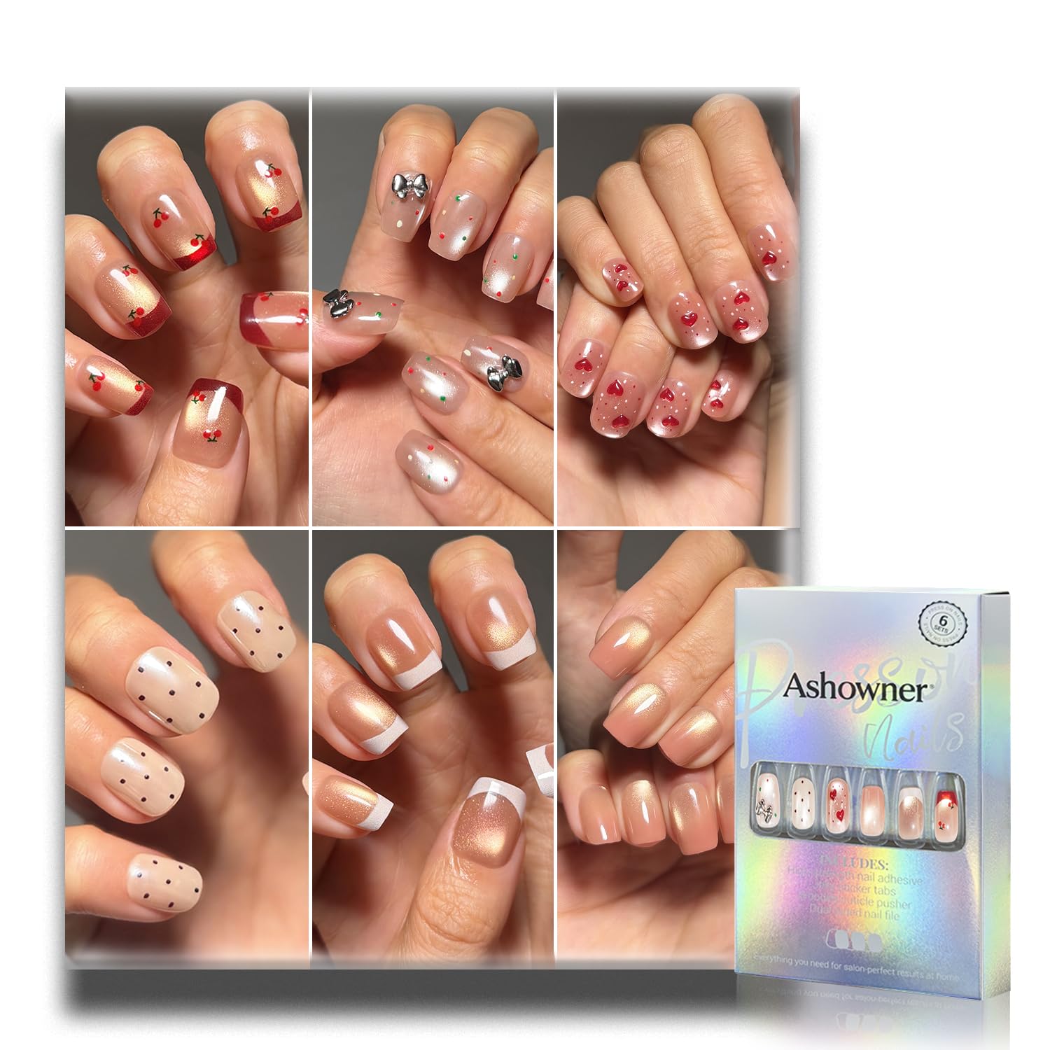 6 Packungen (144 Stück) | Wiederverwendbare Nägel zum Aufdrücken | niedliche Nägel | 6 Stile | 12 Größen | jeder Stil 24 Stück | Micro Dot & Cherry