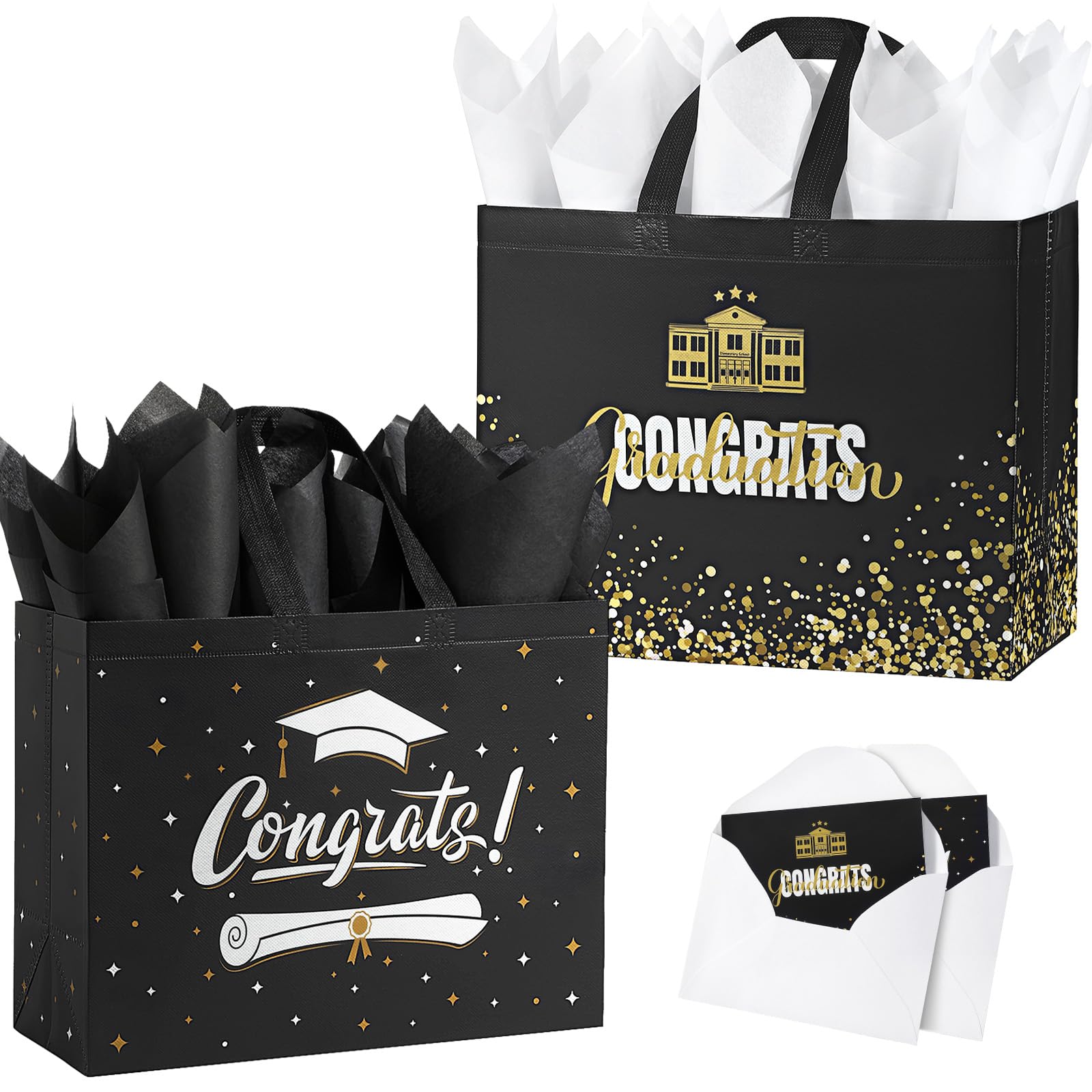 YANGTE 2 Pack 13" Large Graduation Gift Bags with Tissue Paper and Cards, Reusable Non-Woven Graduation Bags with Handle, Congrats Grad Gift Wrap Bags for High School, College