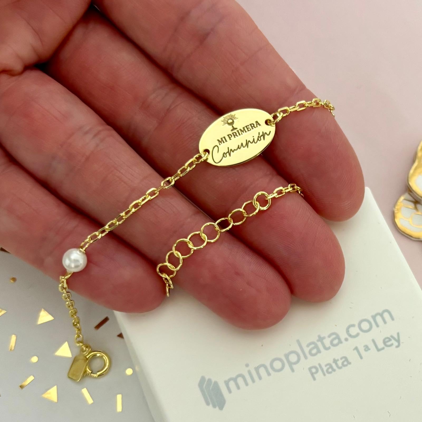 Bracciale Mi Prima Comunione in Argento Placcato Oro con Perle, Mediano, Argento sterling, Nessuna pietra preziosa