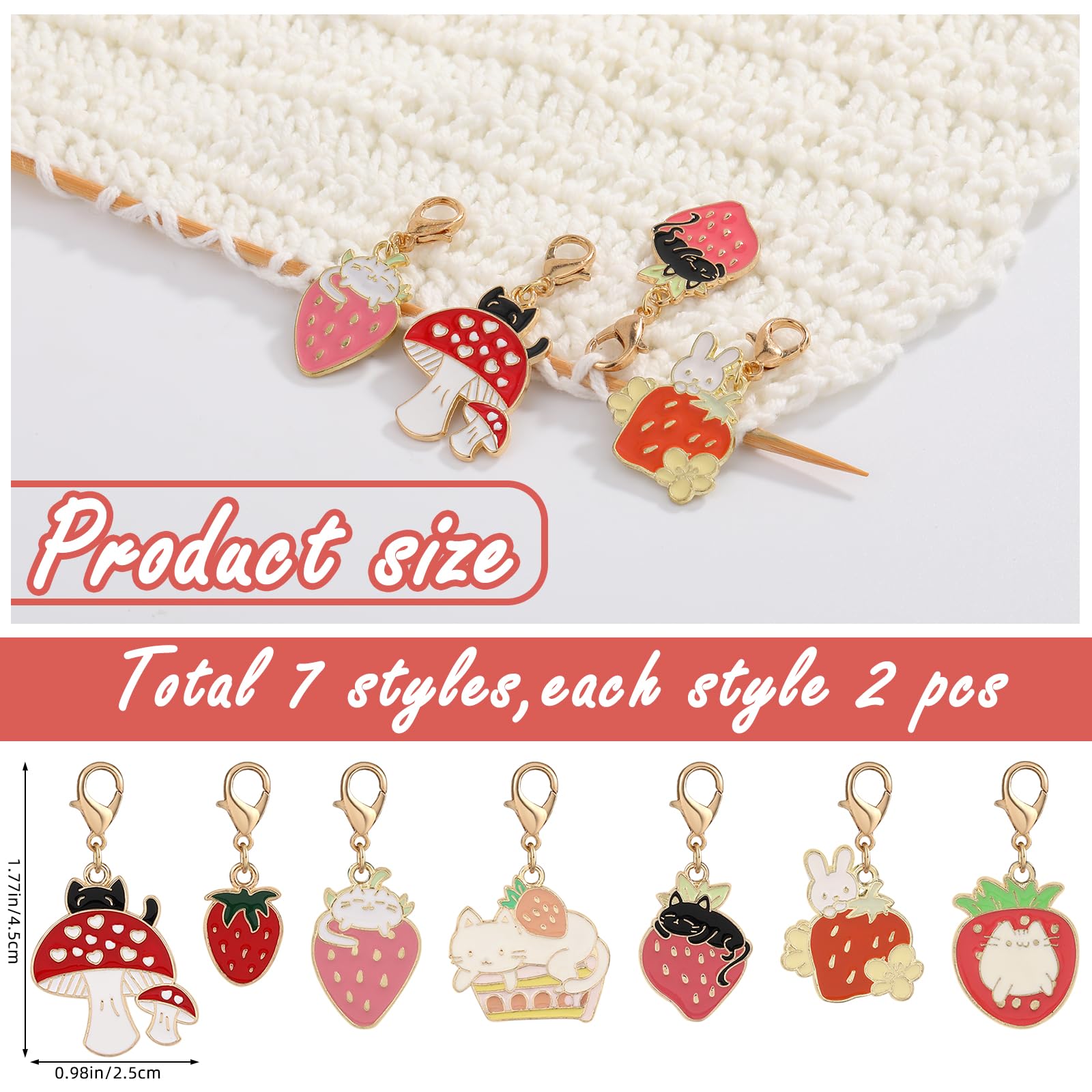 COGCHARGER 14Pcs Cat Strawberry Rabbit Mushroom Stitch Markers Alloy Enamel Removable Crochet Knitting Markers with Lobster Clasp Charms for Sewing Knitting Weaving Accessories DIY Craft - Image 2