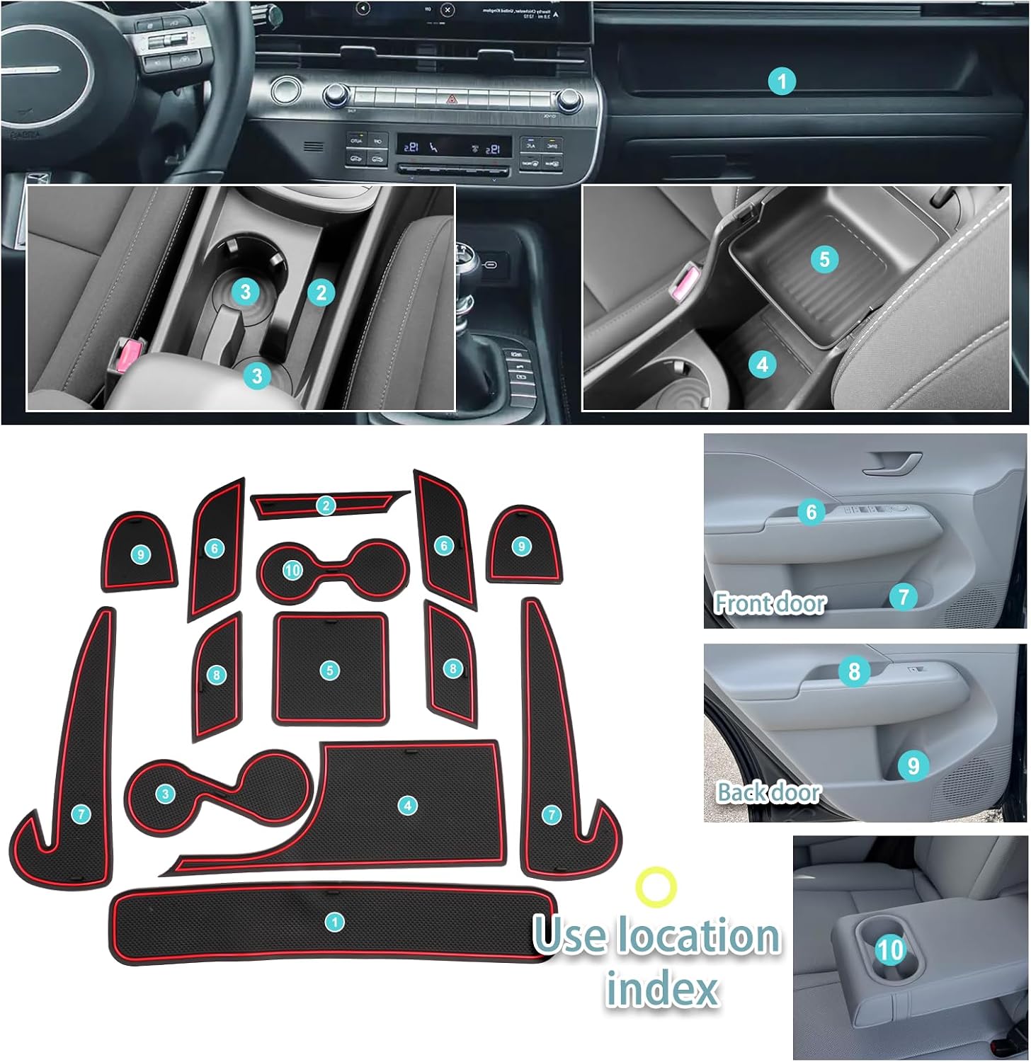 SHAOHAO for 2025 2026 Hyundai Kona Accessories Center Console Mats Cup Holder Console Liners Mats 2024 2025 2026 Kona Door Pocket Non Slip Gate Slot Pad (ONLY FOT Kona SE SEL with Manual Shift Handle) image 2