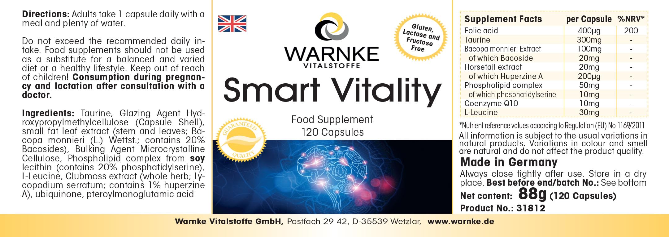 Smart Vitality - Complexe avec acide folique, taurine, Bacopa Monnieri, lycopode, phospholipide & Q10-120 gélules - fortement dosé - vegan | Warnke Vitalstoffe - Qualité des pharmacies allemandes