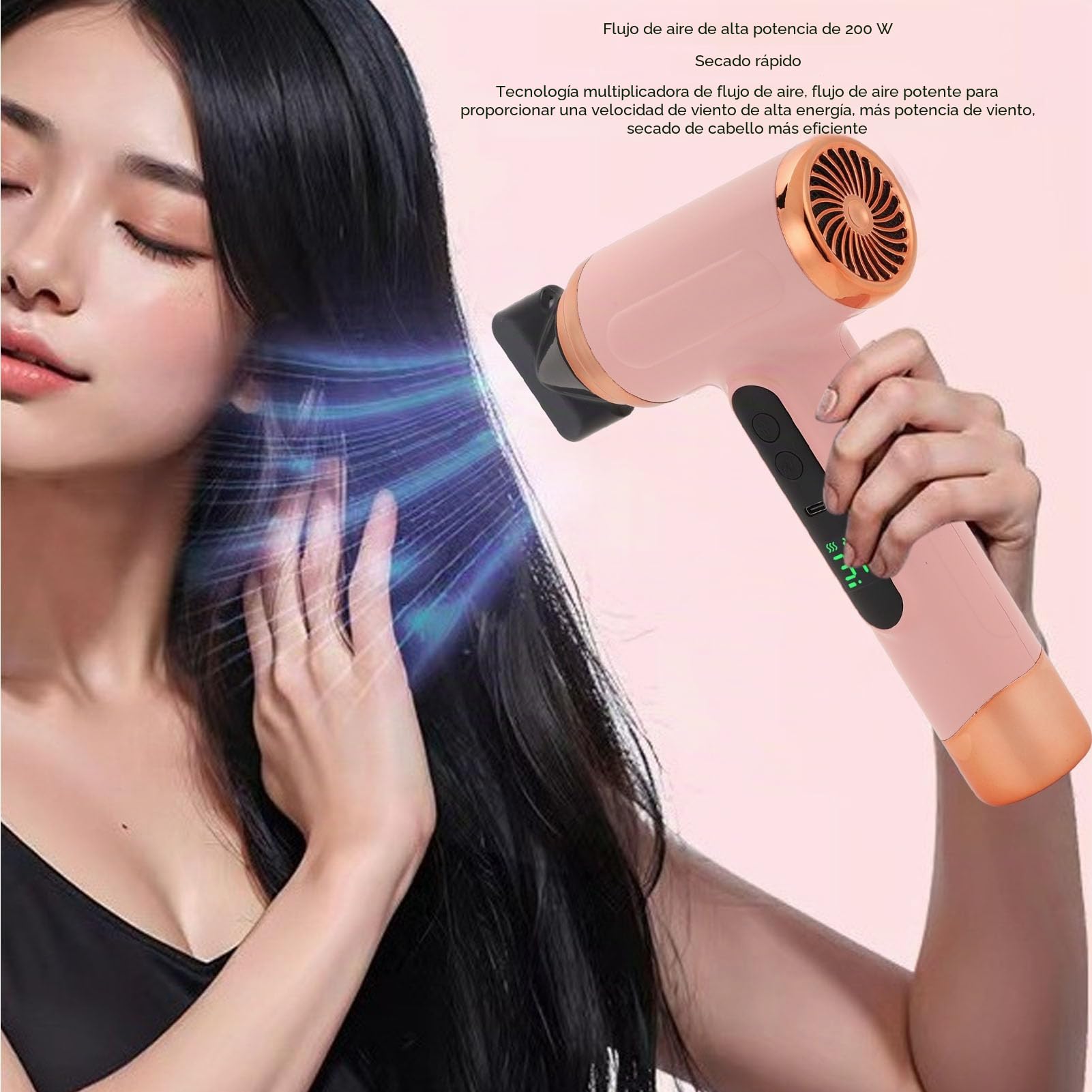 Secador de pelo inalámbrico de viaje de 200 W, secador de pelo portátil USB C recargable, con pantalla digital, 3 velocidades de viento y 3 temperaturas, motores de cepillo (rosa)