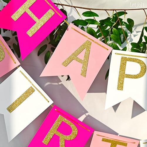 Miniatura 4 de Cartel de feliz cumpleaños rosa con purpurina temática de suministros de fiesta de cumpleaños, guirnalda hecha a mano, decoración de guirnalda para
