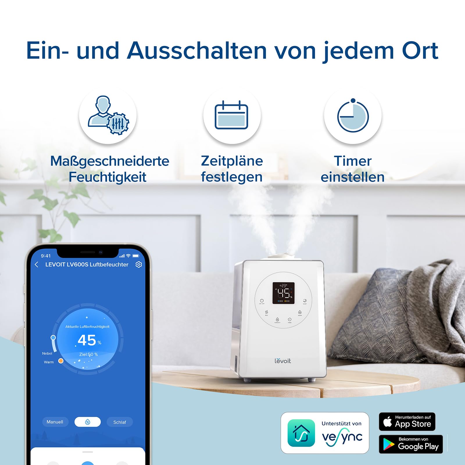 Levoit Smart Luftbefeuchter für große Räume, Warm&Kalter Nebel, 6L | Top-Fill Humidifier bis 40-70m² für Pflanzen, leise Raumbefeuchter für Kinderzimmer, Auto Shut-off, max 550 ml/h, Wolkenweiß