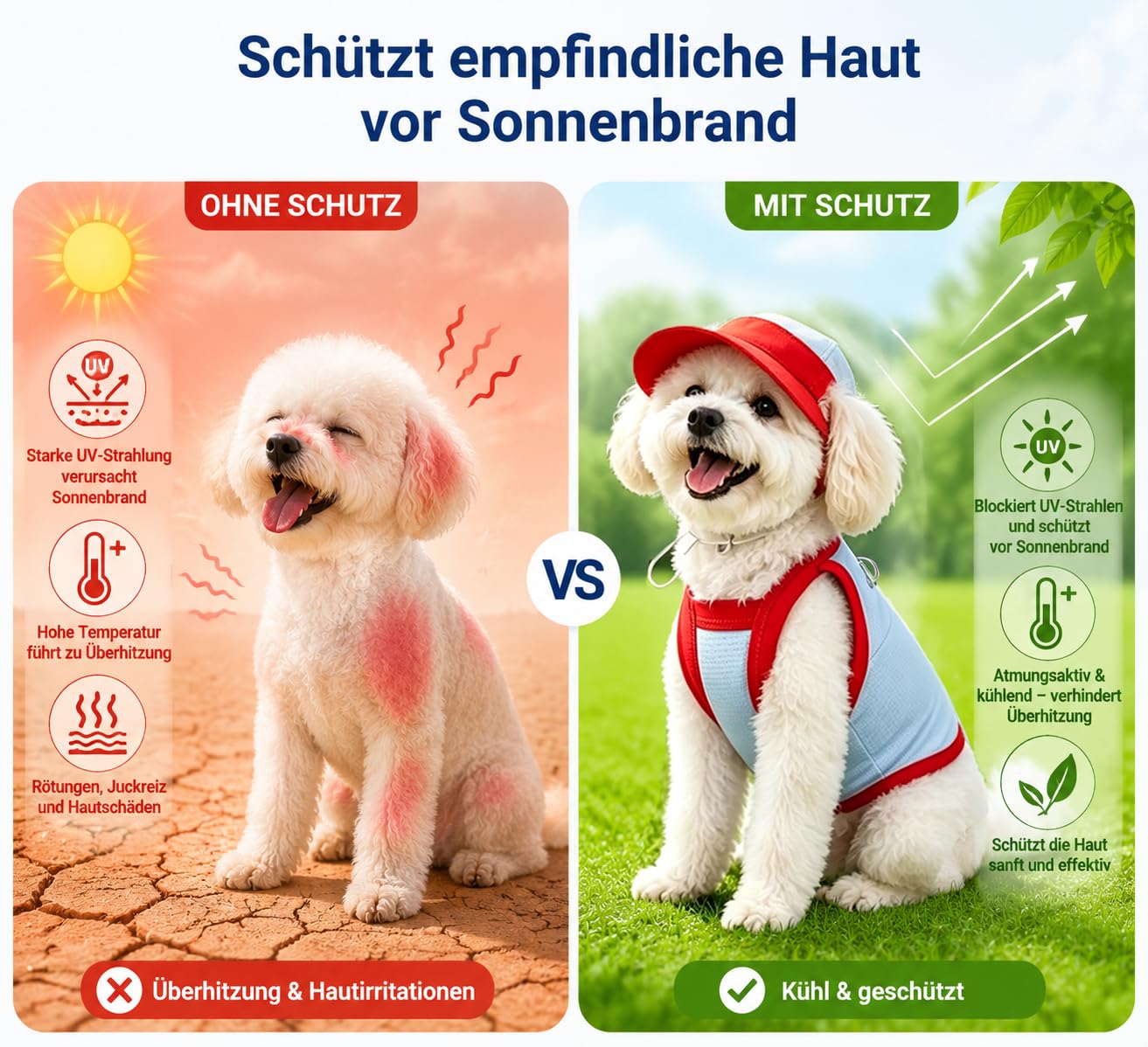 Kühlweste Hund – Sommer Kühljacke mit Ice Pack & Kapuze, Atmungsaktiv, UPF50+ Sonnenschutz, Sonnenschutz Hunde XS–XXL für kleine & mittelgroße Hunde