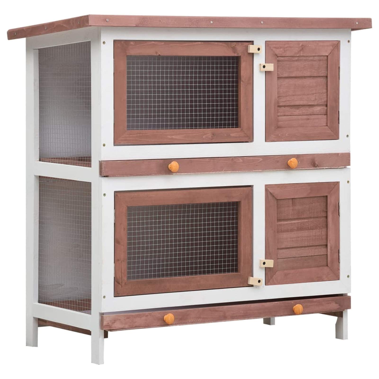 Homgoday Conejera para exteriores de 4 puertas de madera marrón, conejera y corral para conejos, conejera de indias, conejera de madera al aire libre, casa de animales pequeños, jaula para mascotas,