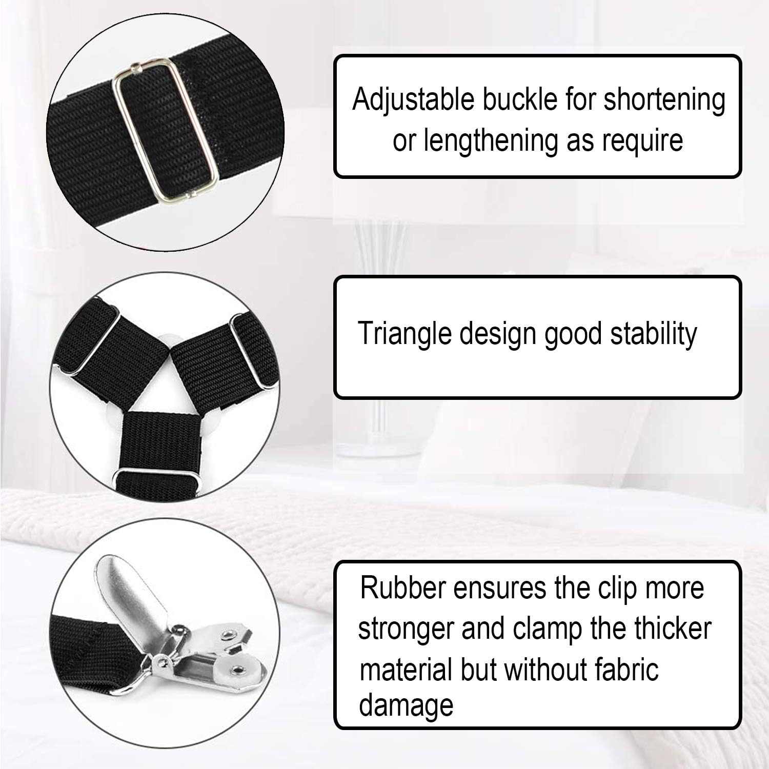 Bed Sheet Holder Straps, 4+1 PCS, Triangle Adjustable Elastic Fitted Sheet Clips, 3 Way Sheets Corner Straps Grippers Fasteners Suspenders Heavy Duty for Bedding Sheets, Mattress Covers, Sofa Cushion: Home & Kitchen