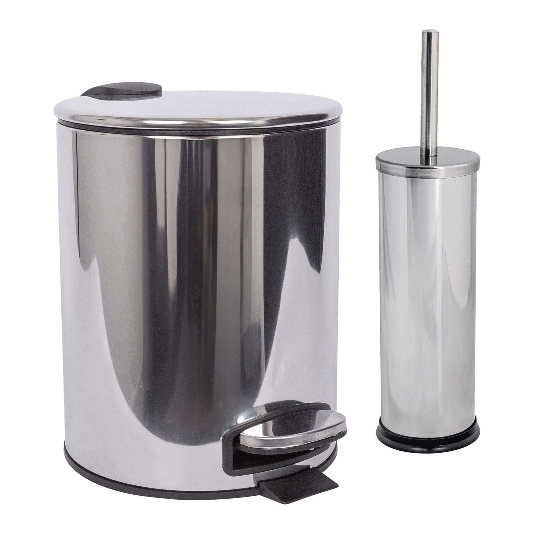 Harbour Housewares 5L Bathroom Bin & Brush Set - Chrome - 2pc Round Stainless Steel Pedal Bin & Toilet Brush Set Slim Small Trashcan for Kitchen Waste, Bathroom Rubbish