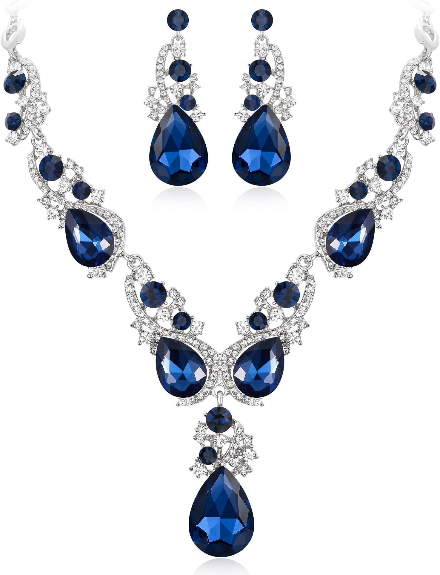 Women's Wedding Bridal Crystal Multi Teardrop Cluster Statement Necklace Dangle Earrings Set