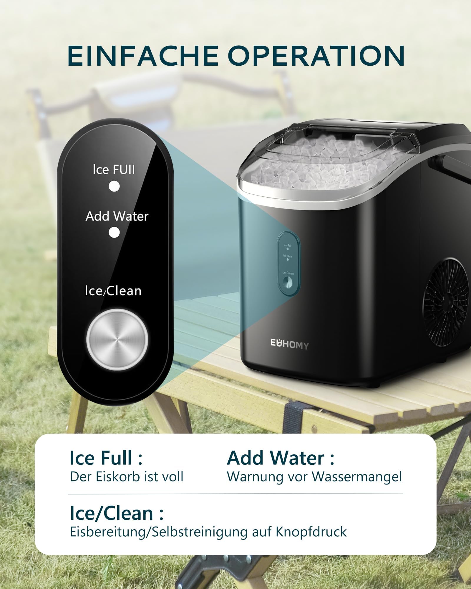 EUHOMY Macchina per cubetti di ghiaccio, 15 kg/24 h, produzione in 6 minuti, Crushed Ice Maker, Nuggets Ice, pulizia automatica, 120 W, macchina per cubetti di ghiaccio da tavolo, sensore a