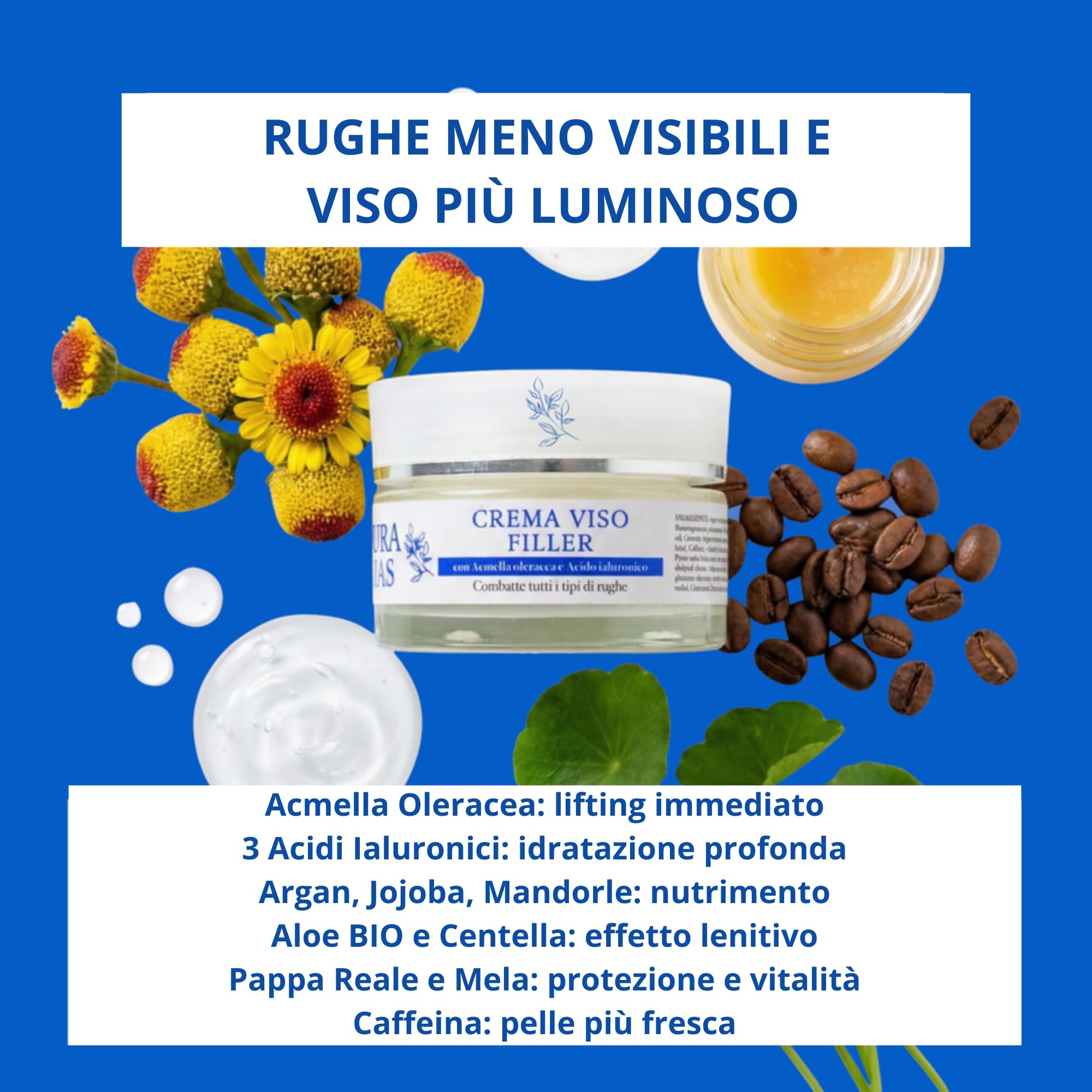 Crema Viso Antirughe Effetto Filler e Lifting, 50ml NaturaPuras | Triplo Acido Ialuronico Multipeso, Acmella Oleracea e Caffeina, Rimpolpante, Per Pelle Matura Over 40 e Over 50