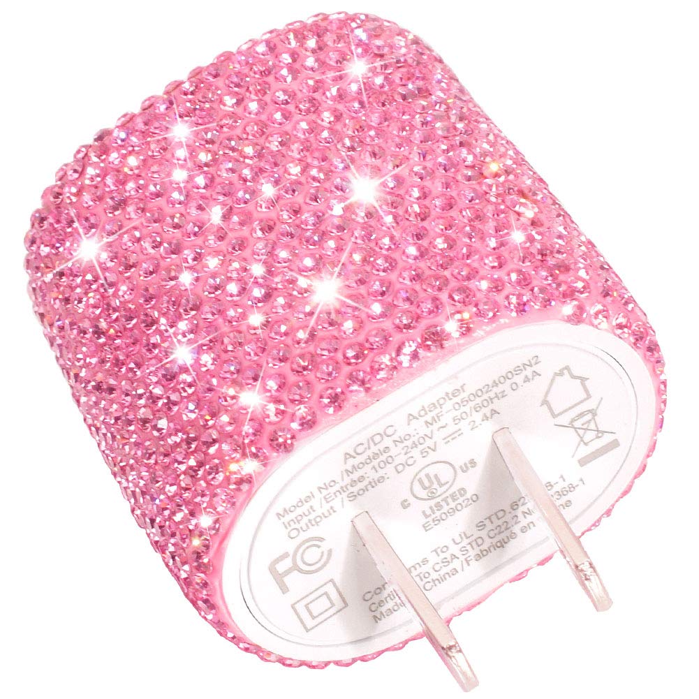 USB Wall Charger Bling 5V 2 4A 24W Dual Port Fast Charger Plug Cell Phone Block Adapter Pink