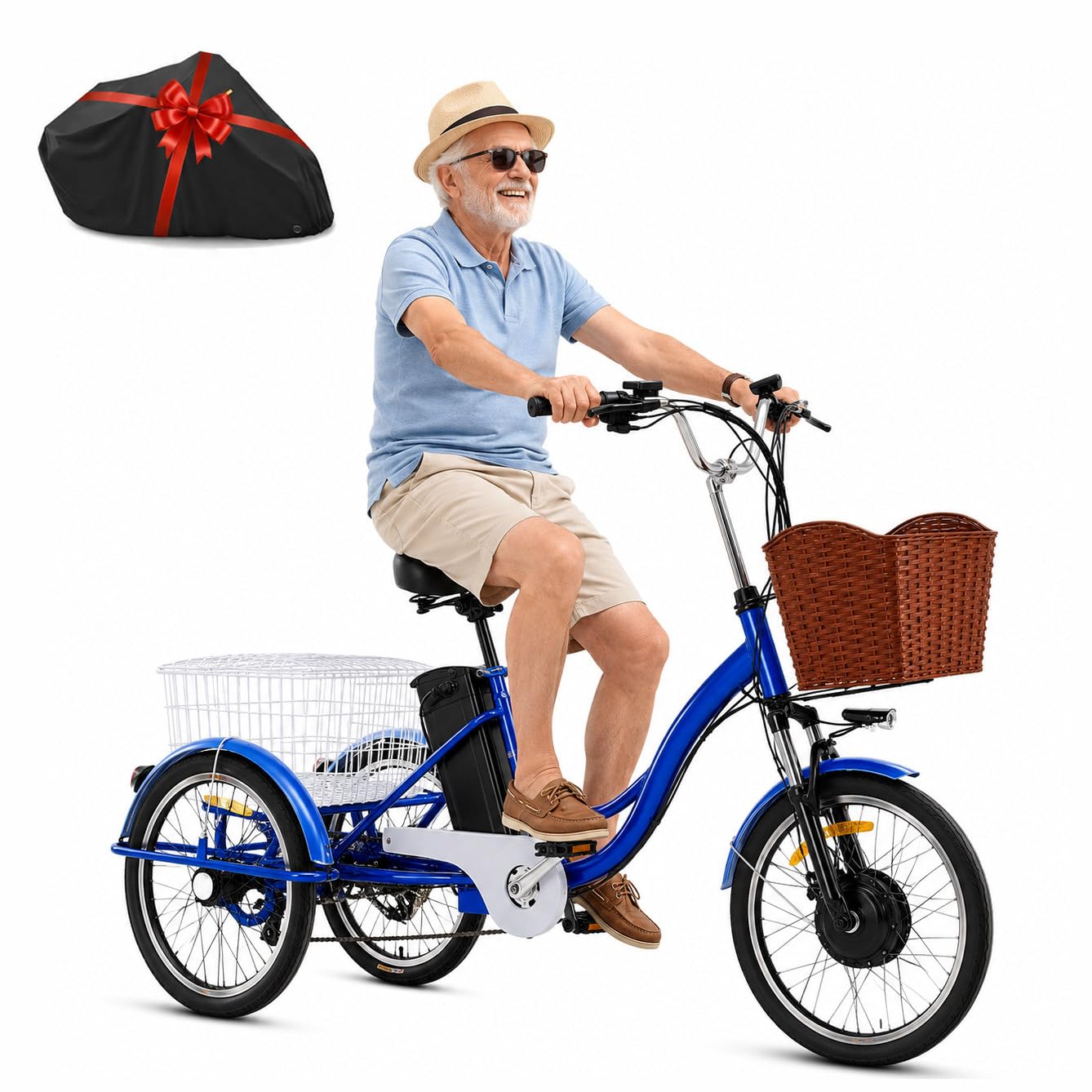 Elektryczny rower trójkołowy dla dorosłych, 20-calowe opony fatbike, 7 prędkości, 3 tryby jazdy, nośność 181 kg, rama wykonana ze stali o wysokiej wytrzymałości, wyświetlacz LCD, reflektor, wygodna