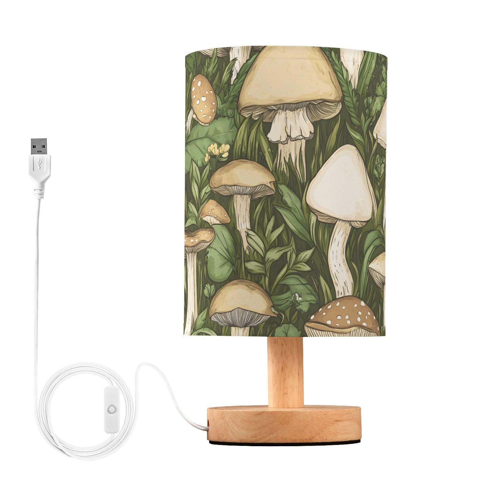 Mnsruu Bedside Table Lamp Mushrooms Green Pattern Bedside Lamps LED Light Desk Lamp Fabric Shade Small Lamp for Bedroom Living Room (Bulb Included)