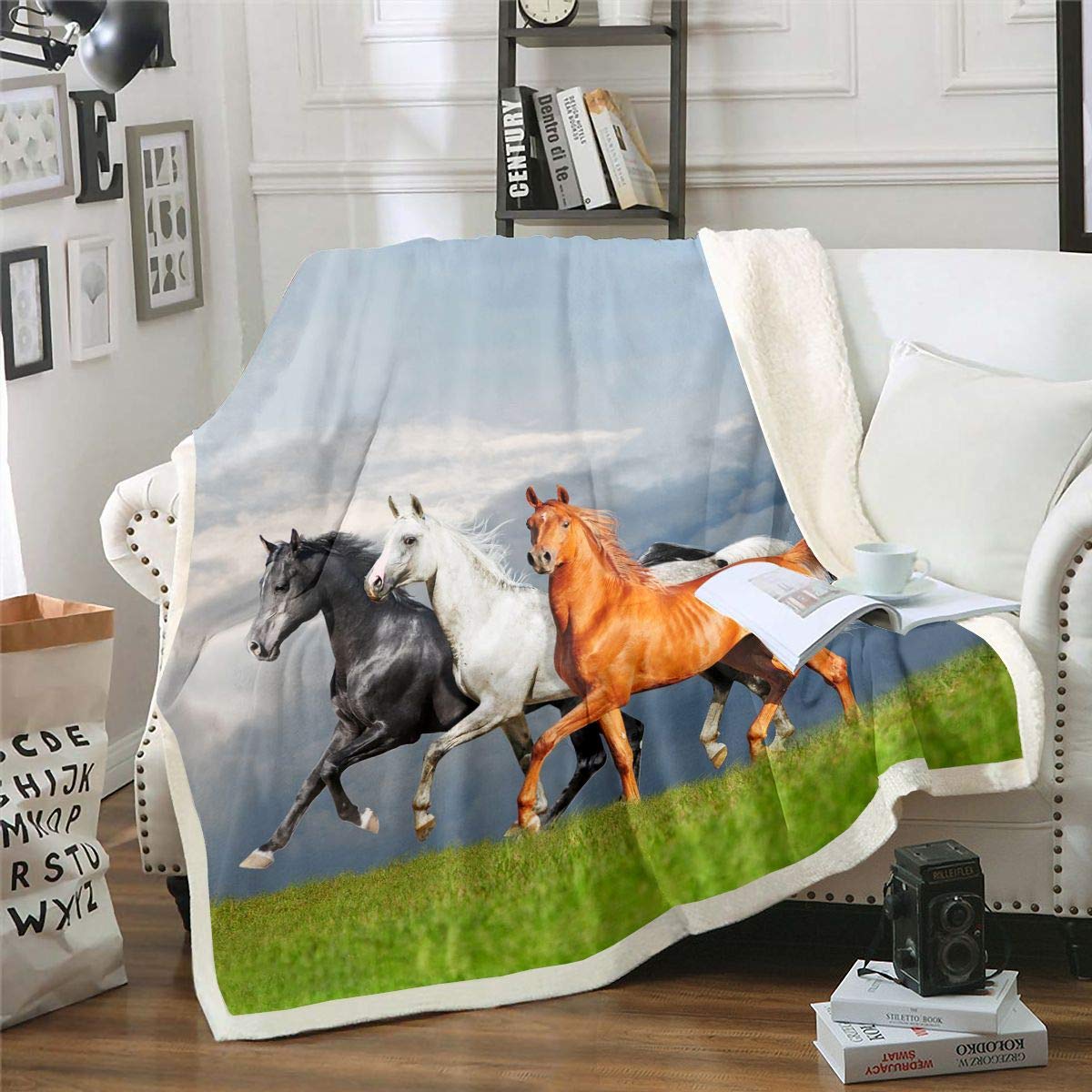 Homemissing Boys Kids Galloping Horse Fleece Throw Blanket 3d Horse Steed Sherpa Blanket For Teens Wild Animal Pattern Plush Wildlife Farmhouse Decor Fuzzy For Sofa Bed,King 87x94 Inch