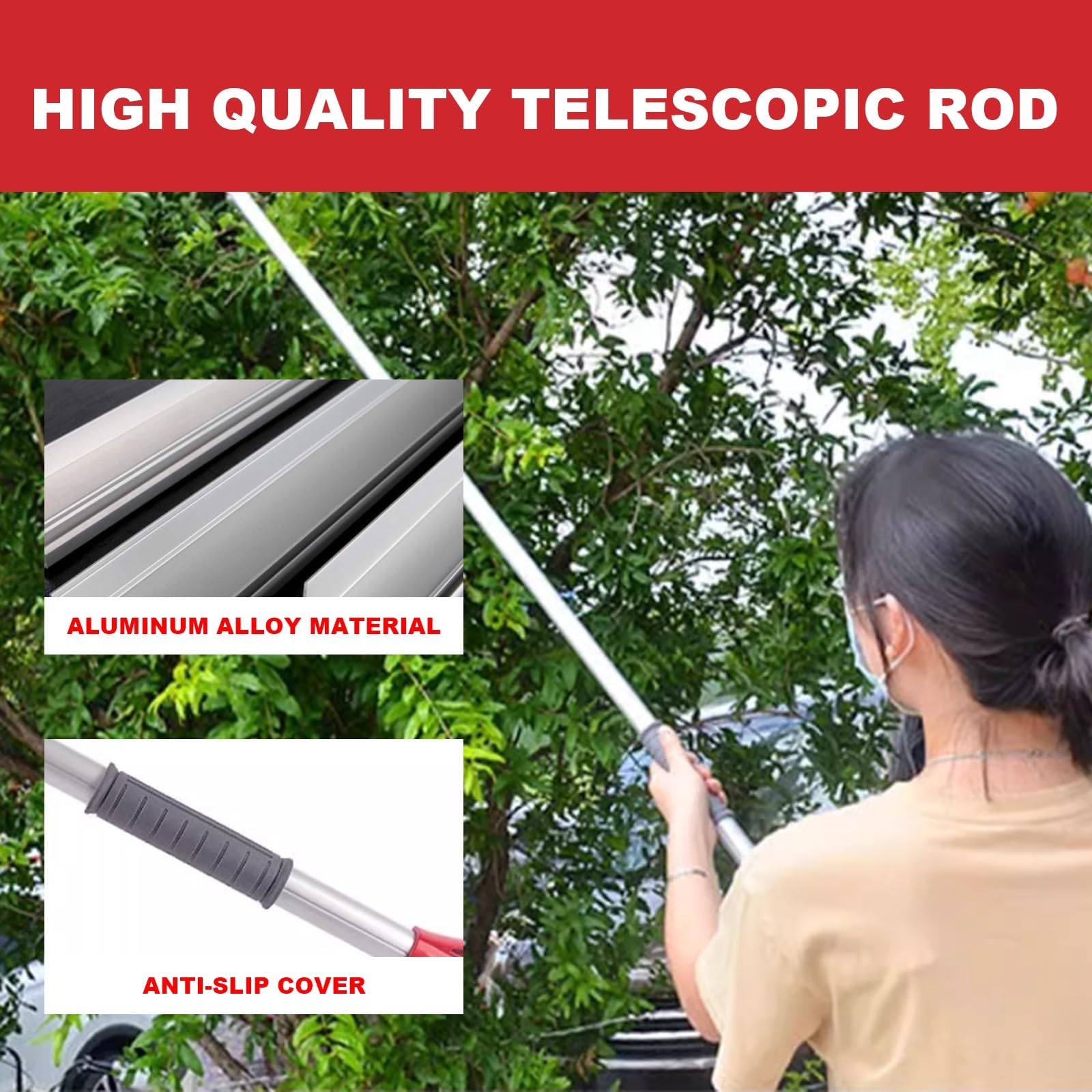 Asta per la Raccolta della Frutta, Raccoglifrutta Estensibile Regolabile 39"-59", raccoglifrutta Multifunzione con Copertura Antiscivolo, Asta for Arance, pere, Limoni