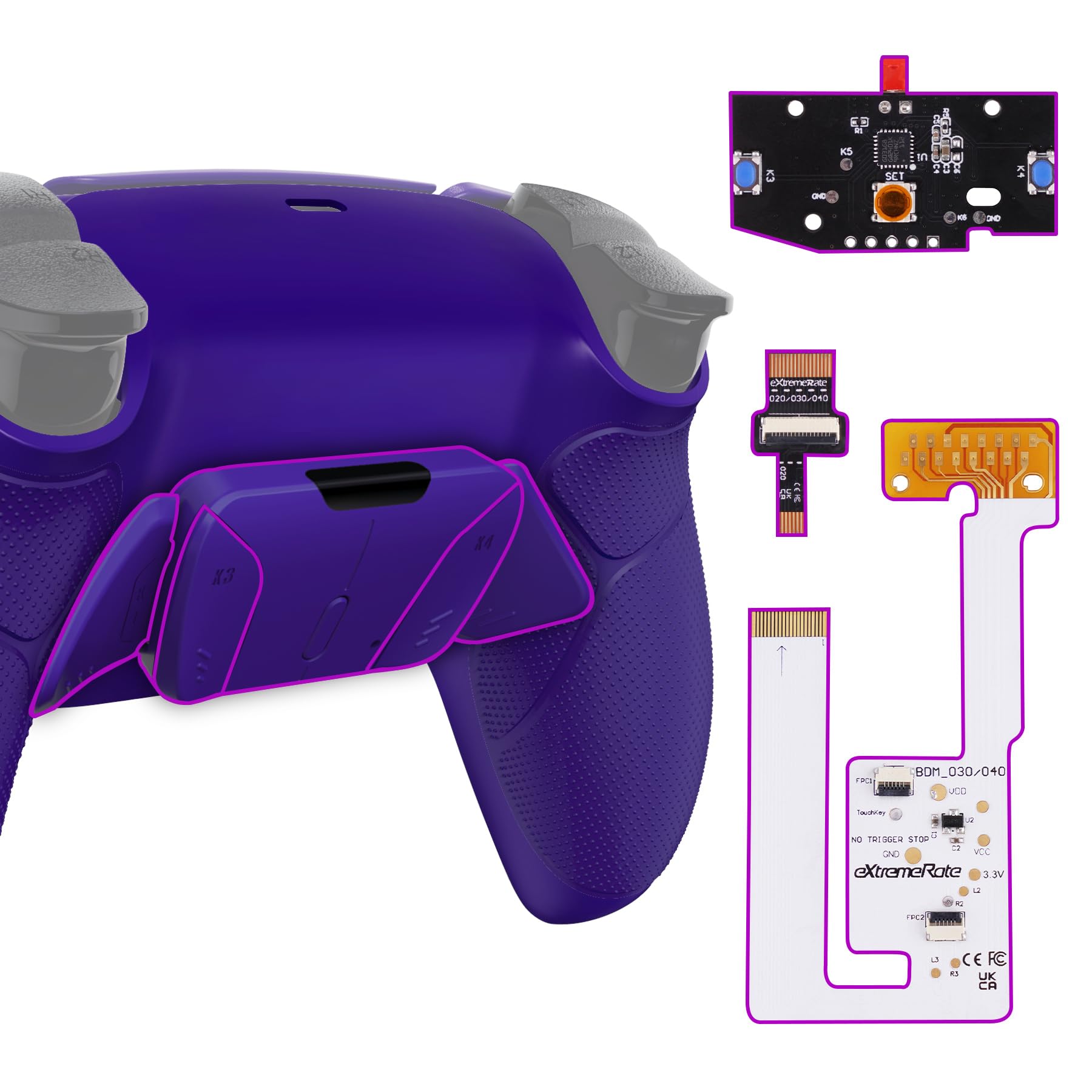 eXtremeRate Galactic Purple Rubberized Grip Programable RISE4 V3 Remap Kit for PS5 Controller BDM-030 040 050, Upgrade Board Redesigned Bottom Shell 4 Back Buttons for PS5 Controller - NO Controller