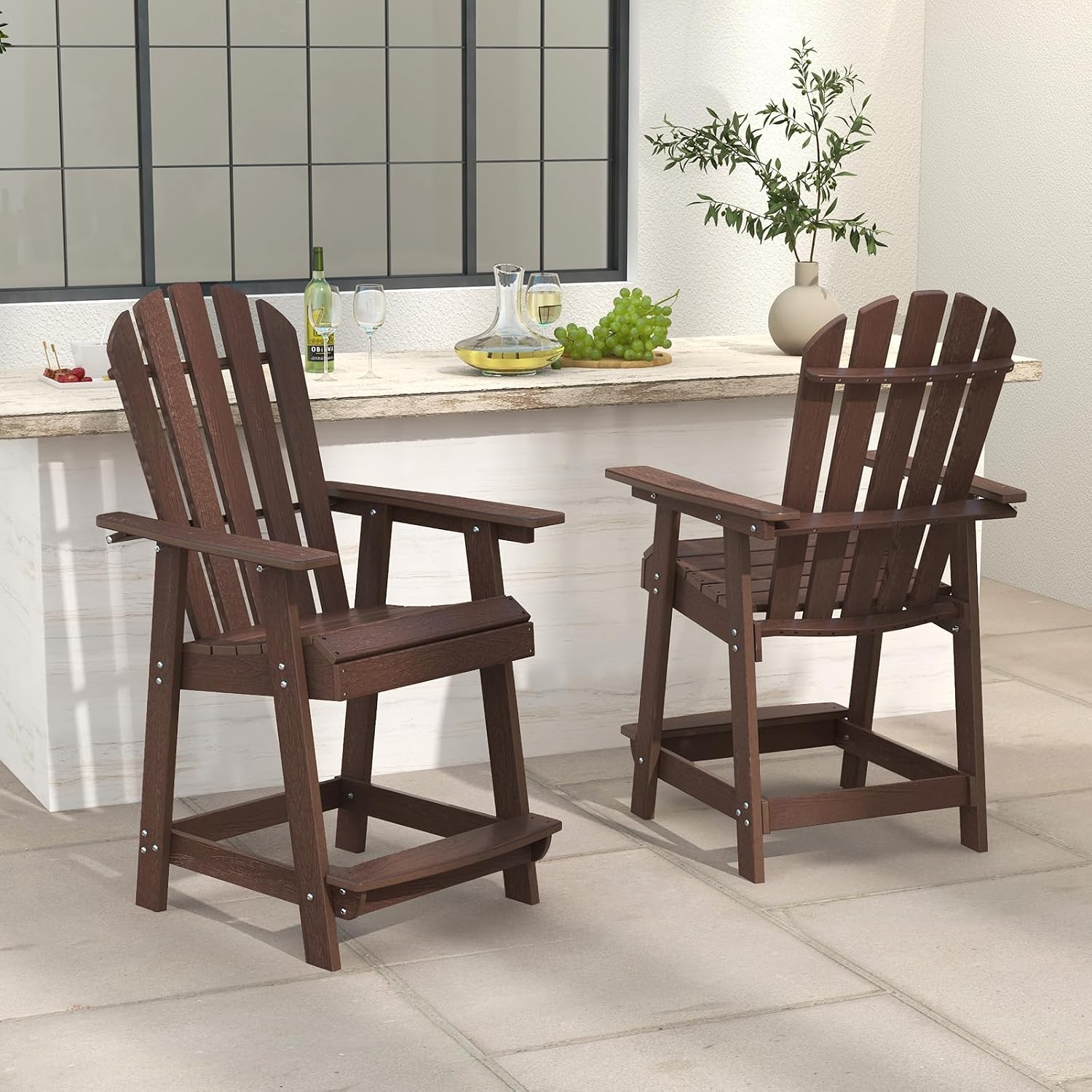 HAPPYGRILL Tall Adirondack Chairs Set, HDPE Patio Bar Stools Set, Bar Height Chair with Armrests & Footrest, for Outdoor Backyard Lawn Poolside