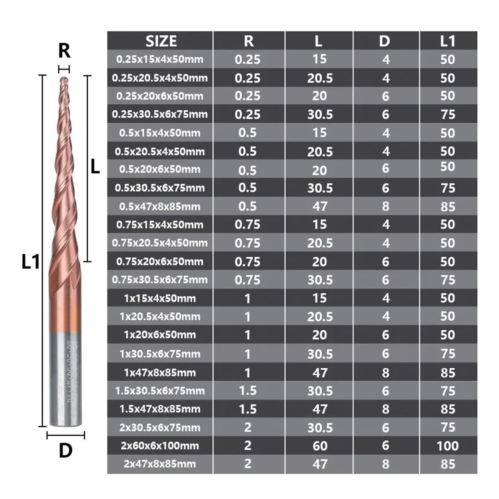 Frez Kulisty frez stożkowy HRC62 Węglik spiekany CNC Grawerowanie Drewna Metalowy frez palcowy | Frez R0.25-R2.0(R0.25x30.5xD6x75)