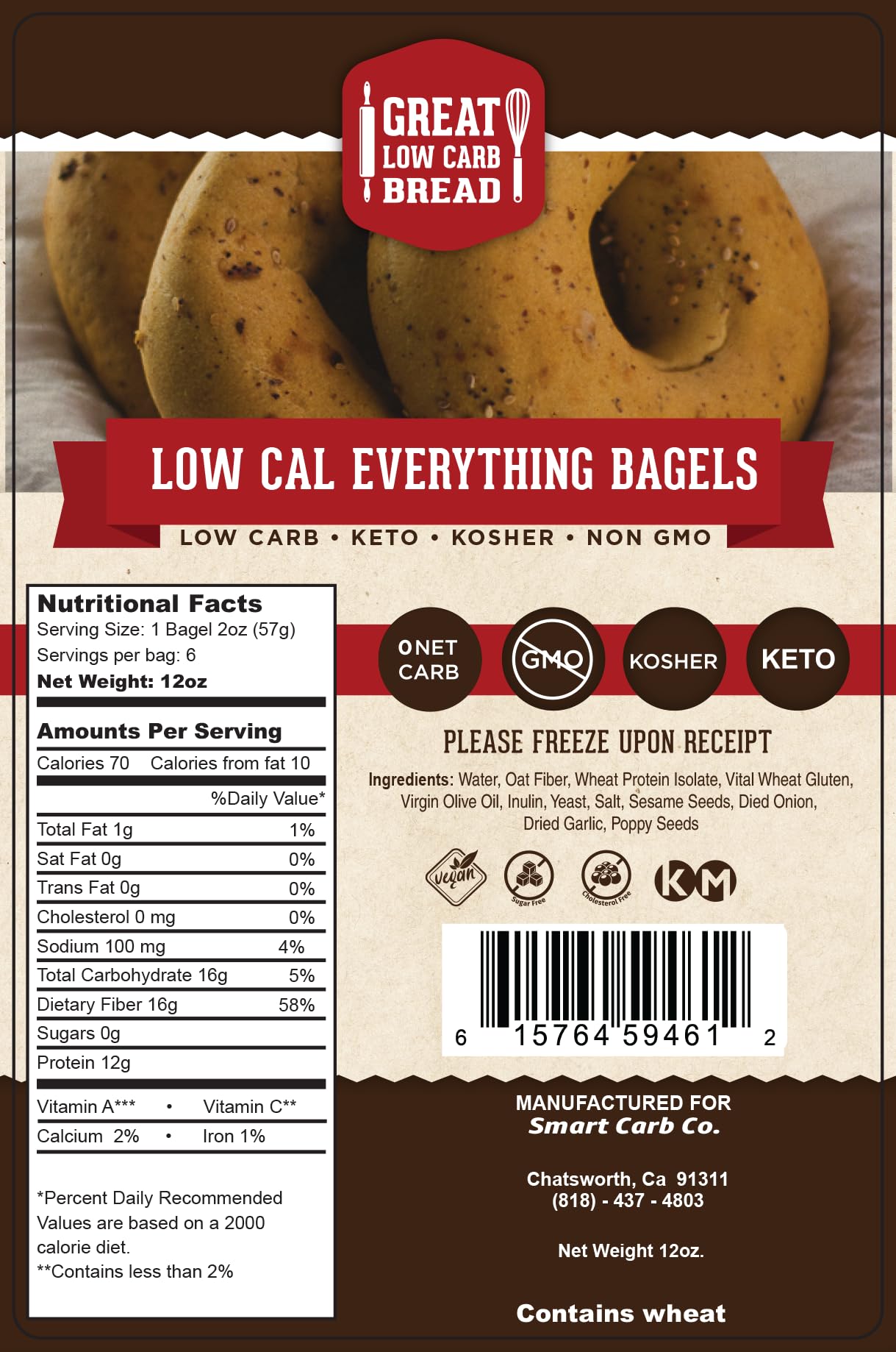 Great Low Carb Everything Bagels 70 Calorie Version 2 Bags, 4 bagels per bag