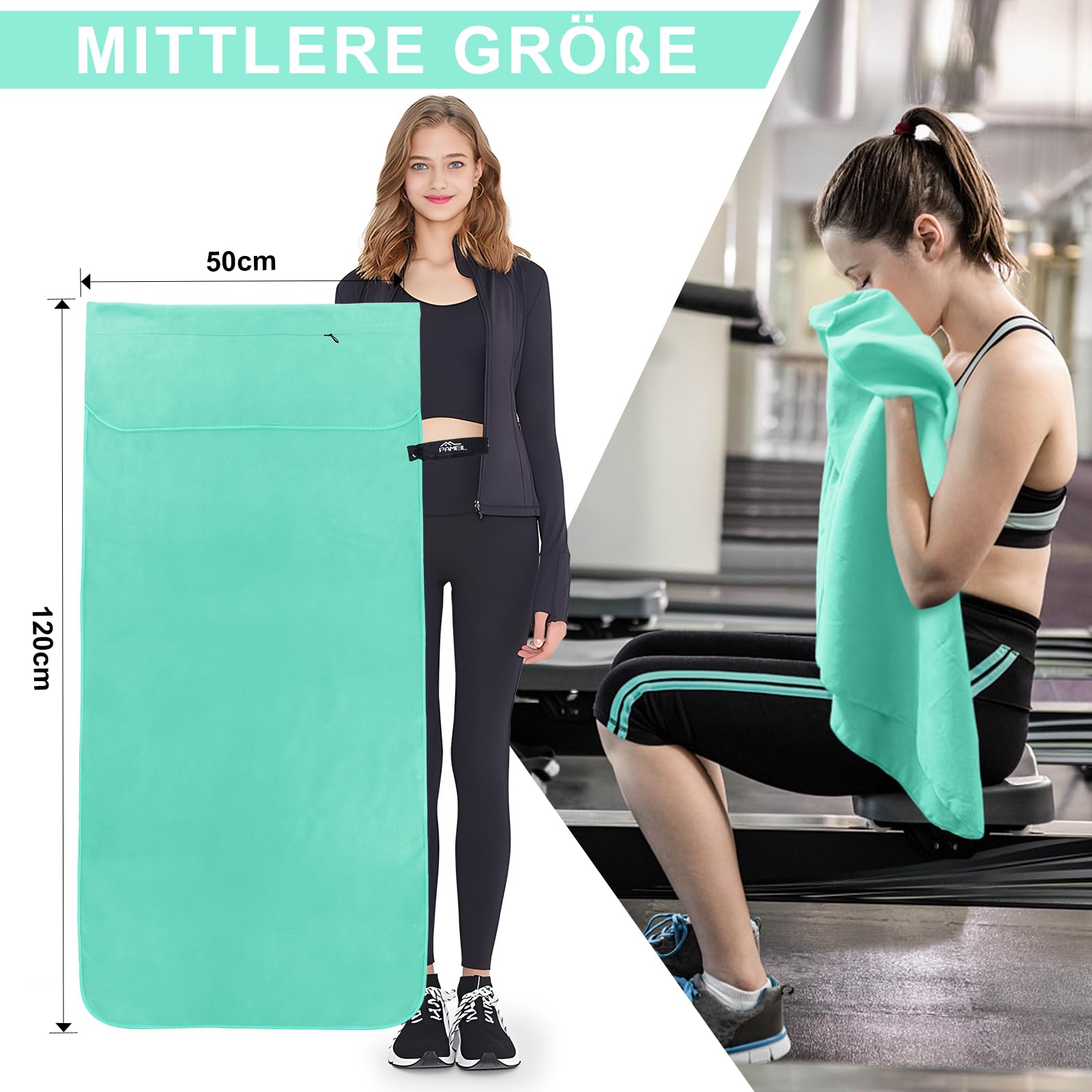 Pameil Asciugamano fitness con tasca con chiusura lampo, 120 x 50 cm, asciugamano in microfibra, compatto e ad asciugatura rapida, asciugamano sportivo da palestra (verde erba)