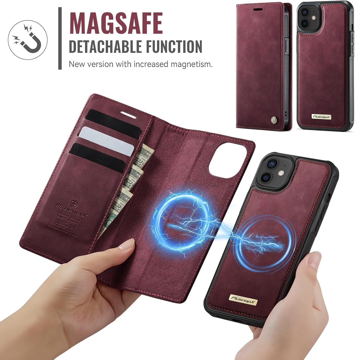Wallet Case for iPhone 12 / iPhone 12 Pro Compatible with Magsafe, 2-IN-1 PU Leather Flip RFID Blocking Card Holder Stand Shockproof Magnetic Detachable Cover for iPhone 12 Pro Case, Burgundy