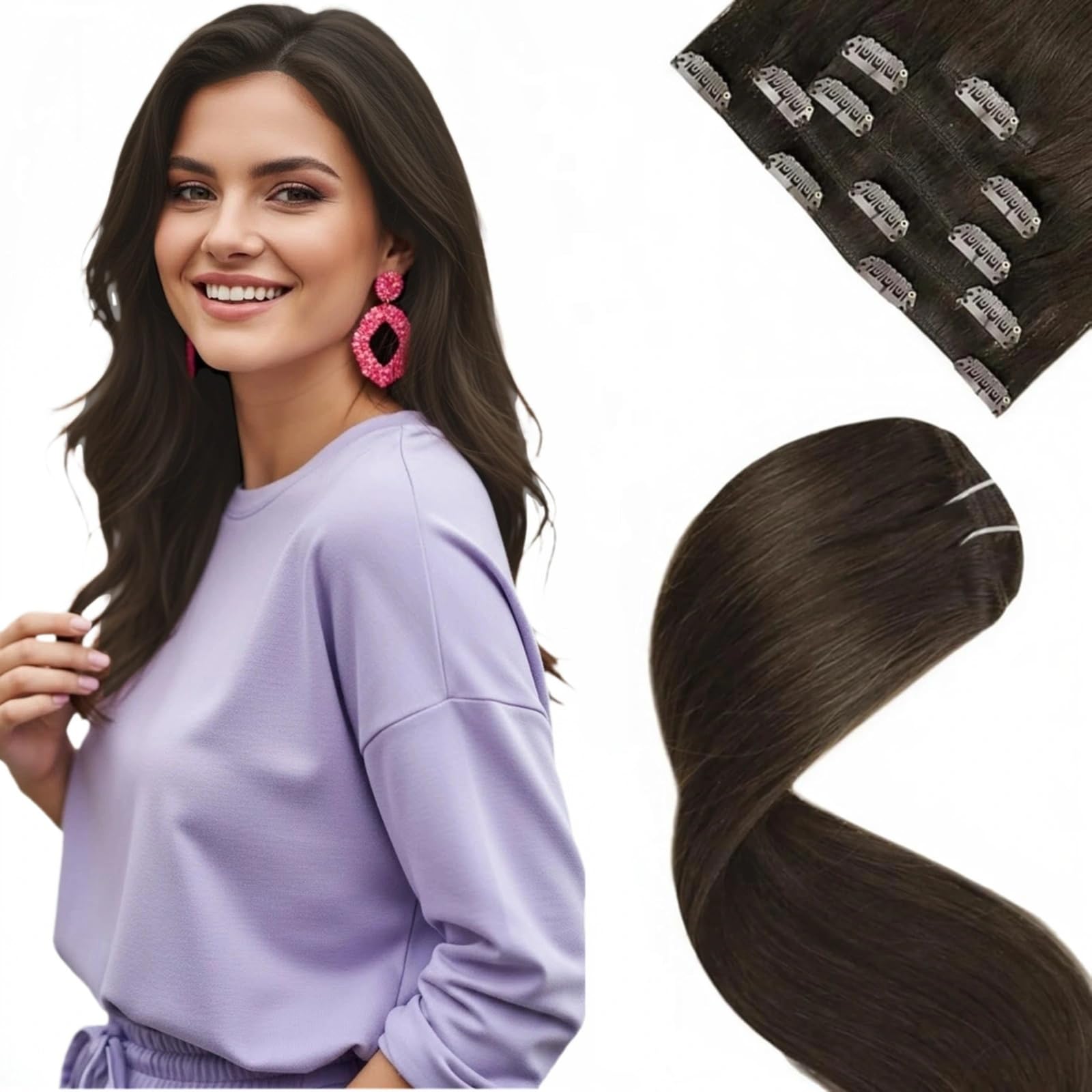 LaaVoo Hair Extensions Clip in Real Human Hair Brown Clip in Hair Extensions Dark Brown Full Head 16 Inch 120g 7pcs Remy Straight Hair Double Weft #4 — view 96