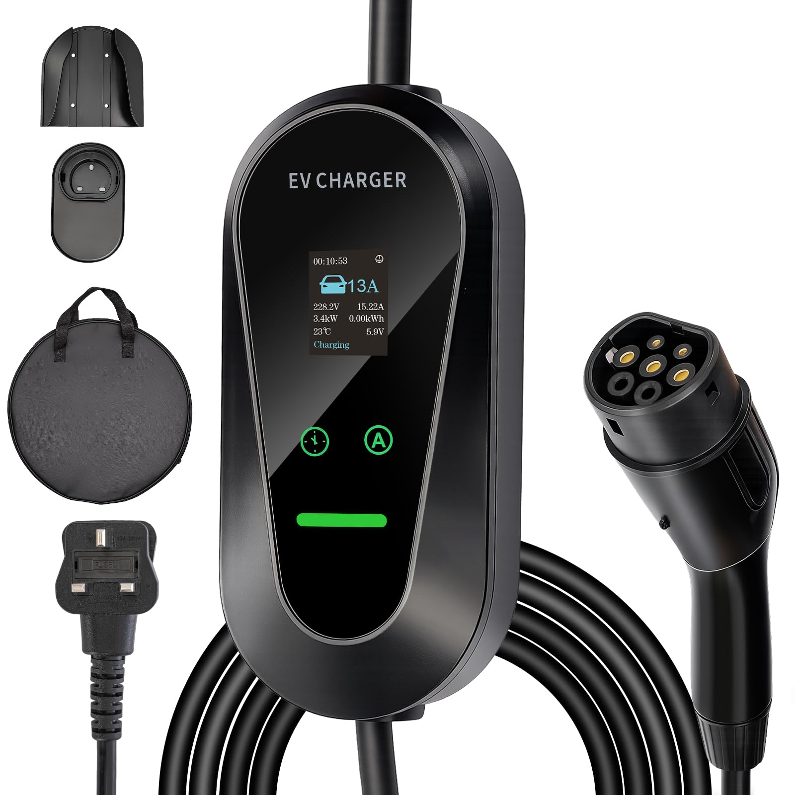 GROWNEER EV Charger 3 Pin Plug 20Ft/6.1M Type 2 Charging Cable 3kW, [6/8/10/13A] Electric Car granny Charger IP66 Advanced Protection car charging cable Suitable for EVs & PHEVs