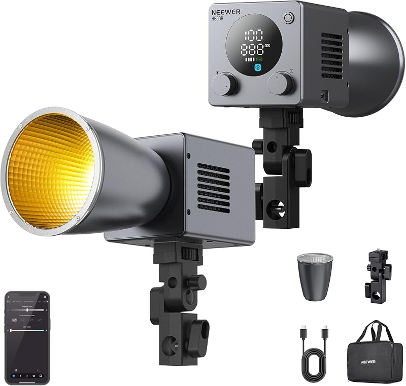 Mini luz de vídeo LED de 60 W con batería de 50 Wh/carga rápida PD de 100 W, control APP/2.4G/NFC, iluminación de salida continua de estudio COB regulable bicolor 44.800 lux/1 m 2700-6500 K CRI97+ 12 escenas, HB60B