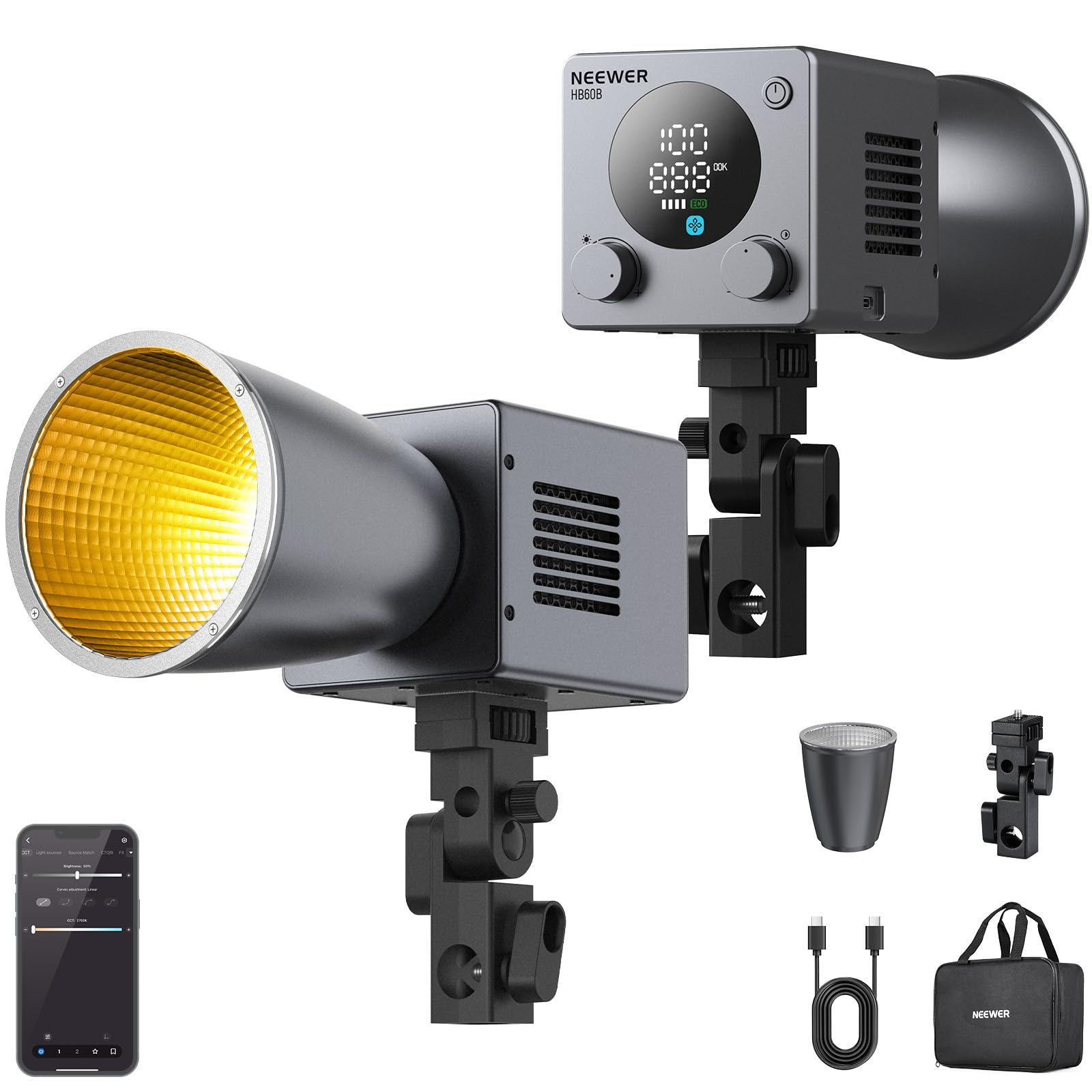 NEEWER 60W Mini LED Video Light with 50Wh Battery/100W PD Fast Charging, APP/2.4G Control/NFC, Bi Color Dimmable COB Studio Continuous Output Lighting