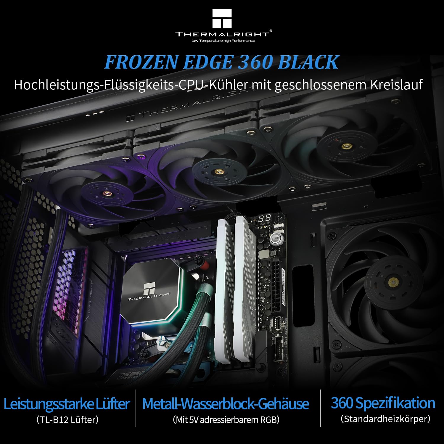 Thermalright Frozen Edge 360 - Dissipatore per CPU con ventole PWM, velocità pompa 3300 RPM, cuscinetto S-FDB, per AMD AM4/AM5, Intel LGA 1150/1155/1200/1700/2011, FE360, nero (Black)