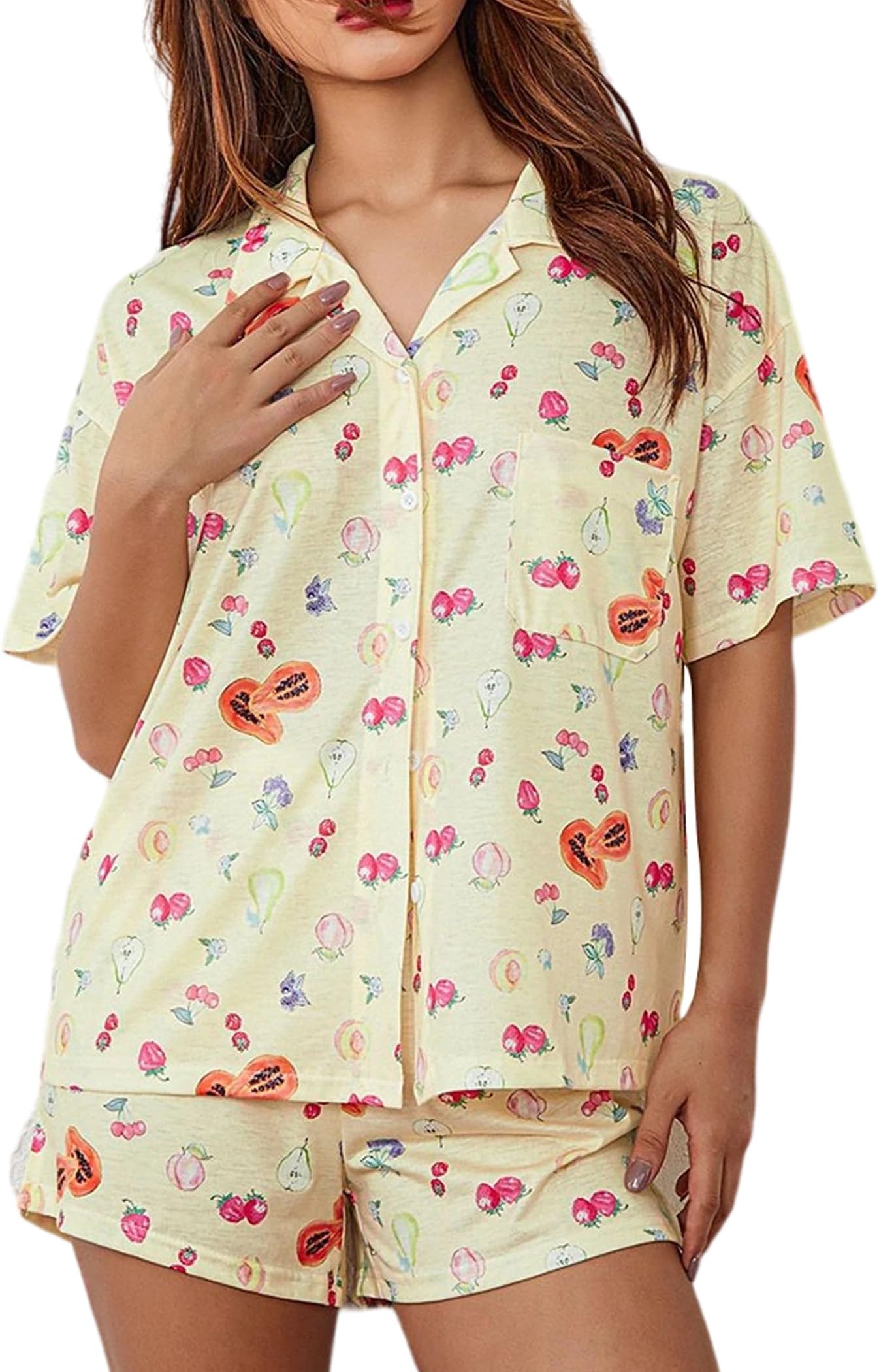 AINAC2 Piece Women Cute Cherry Pajamas Fruit Strawberry Pjs Set for Women Button up Pajama for Loungewear Sleepwear