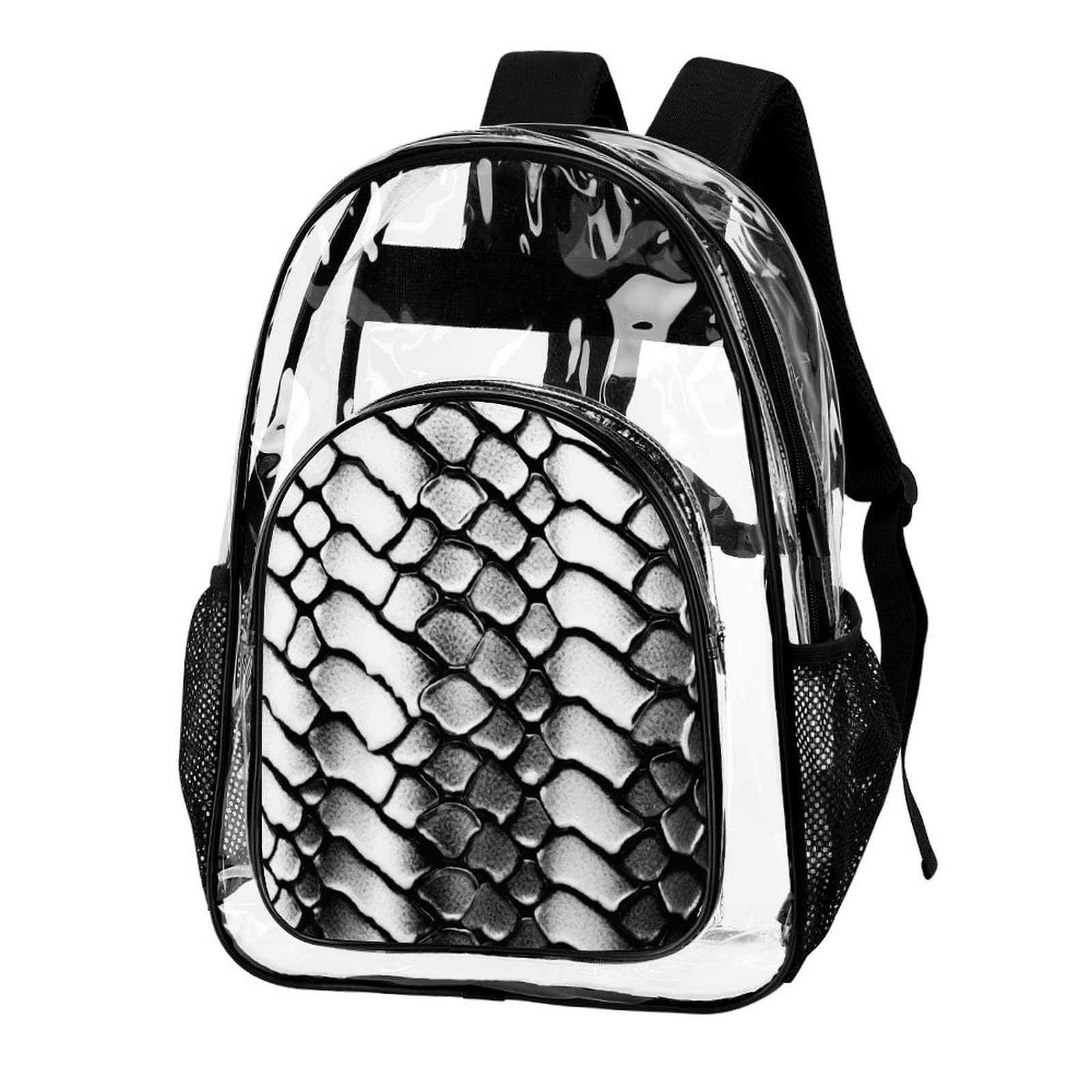 Transparenter Rucksack, Schlangenhaut-Optik, groß, transparent, PVC, Büchertasche für Sicherheit, Arbeit, Reisen, Stadion, Schwarz und Weiß