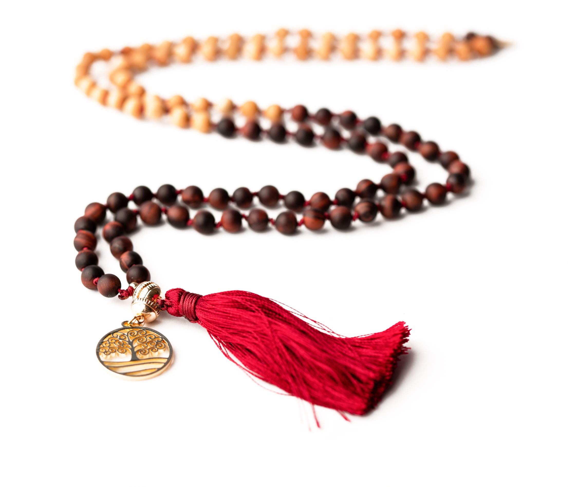 Tigereisen Edelsteinschmuck Mala Edelsteinkette Yoga Meditation Geschenk-Set mit Holzbox Jute-Täschchen Affirmationskarten LEBENSKRAFT Naturstein Sandelholz handgemacht in Deutschland