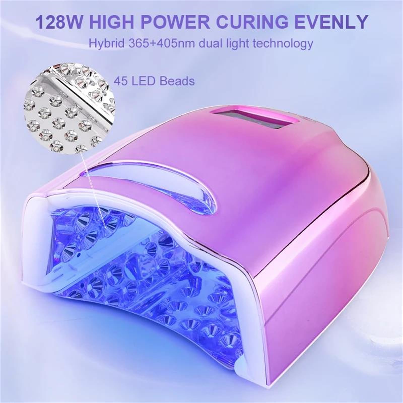 Lampada per Unghie polimerizzazione Rapida Luce LED asciuga Unghie | 128W, luce blu, sensore a infrarossi, portatile, timer, tecnologia a doppia sorgente luminosa 365+405nm, 45 LED