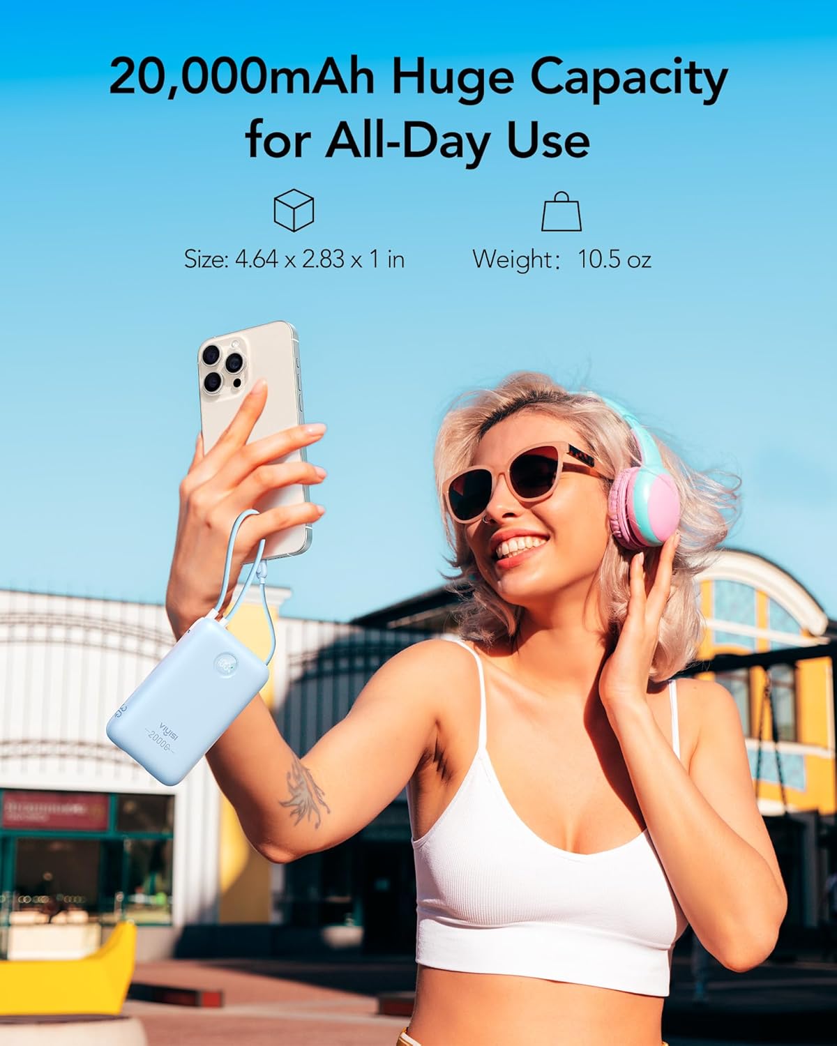 Portable Charger 20000mAh 30W Fast Charging, Power Bank with Built-in Cables & LED Display, USB C Battery Pack for iPhone 16/15/14, Samsung, iPad and Android Phones, Ideal for Travel Light Blue image 5 of 8 B0D3HV2WGN